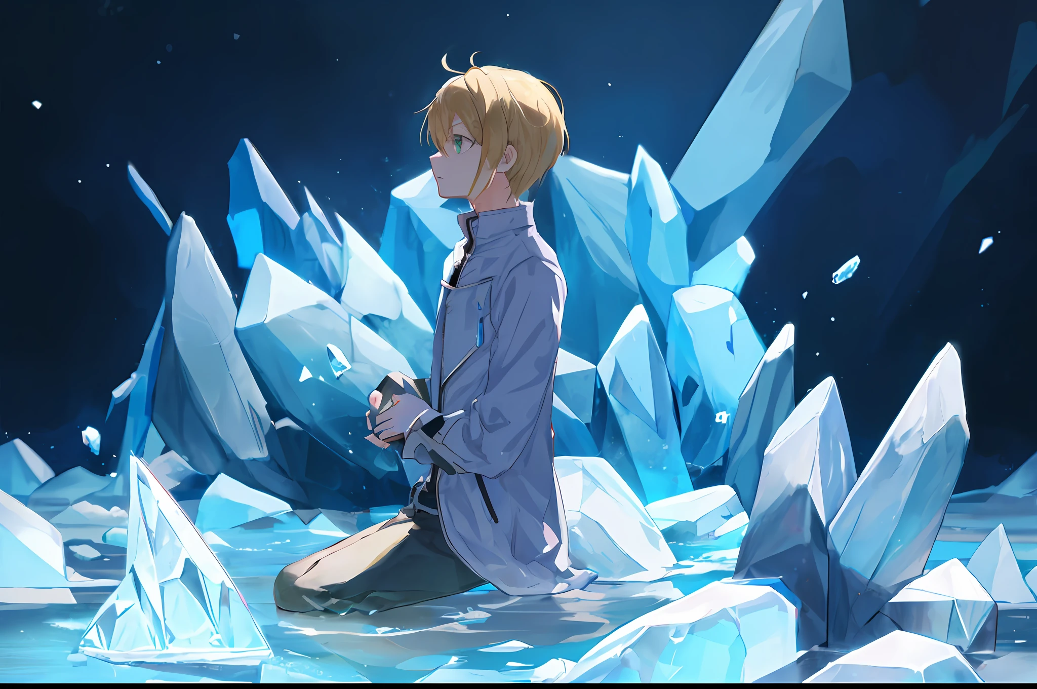 male child,(((Eugeo))),Sword Art Online,(((Very short hair))),flaxen hair,((looking to side)),Sitting,Ice,独奏,Green eyes,Full Body,out door,