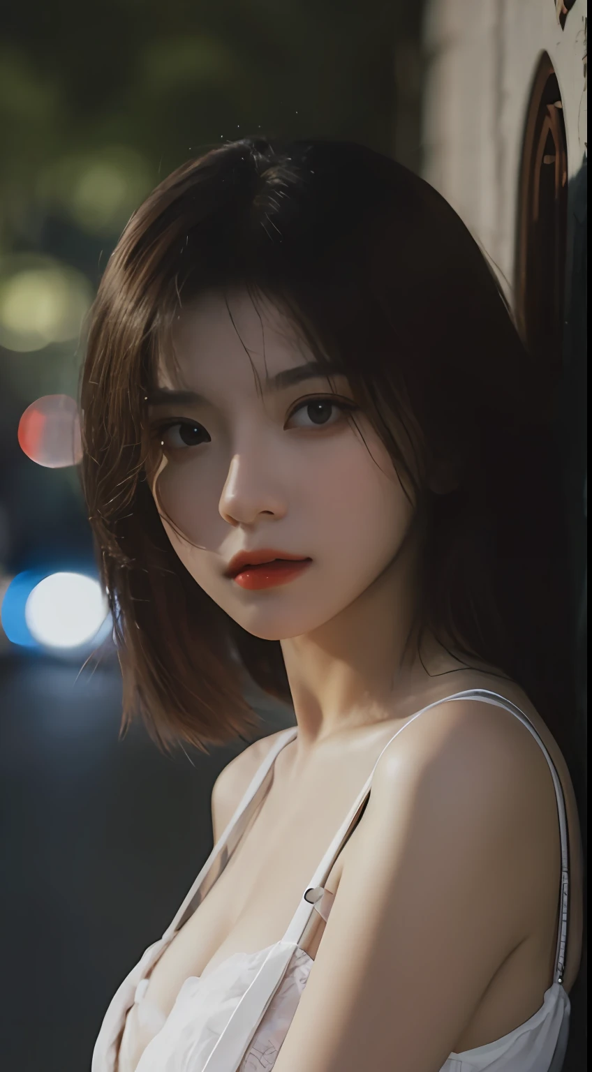 best qulity， The Masterpiece， ultra-highresolution， （Lifelike：1.5）， OriginalPhotographs， 1girls， in dark， deep-shadows， lowkey， cold light， Sexy look， Long reddish-brown hair、Night scene，White suspenders