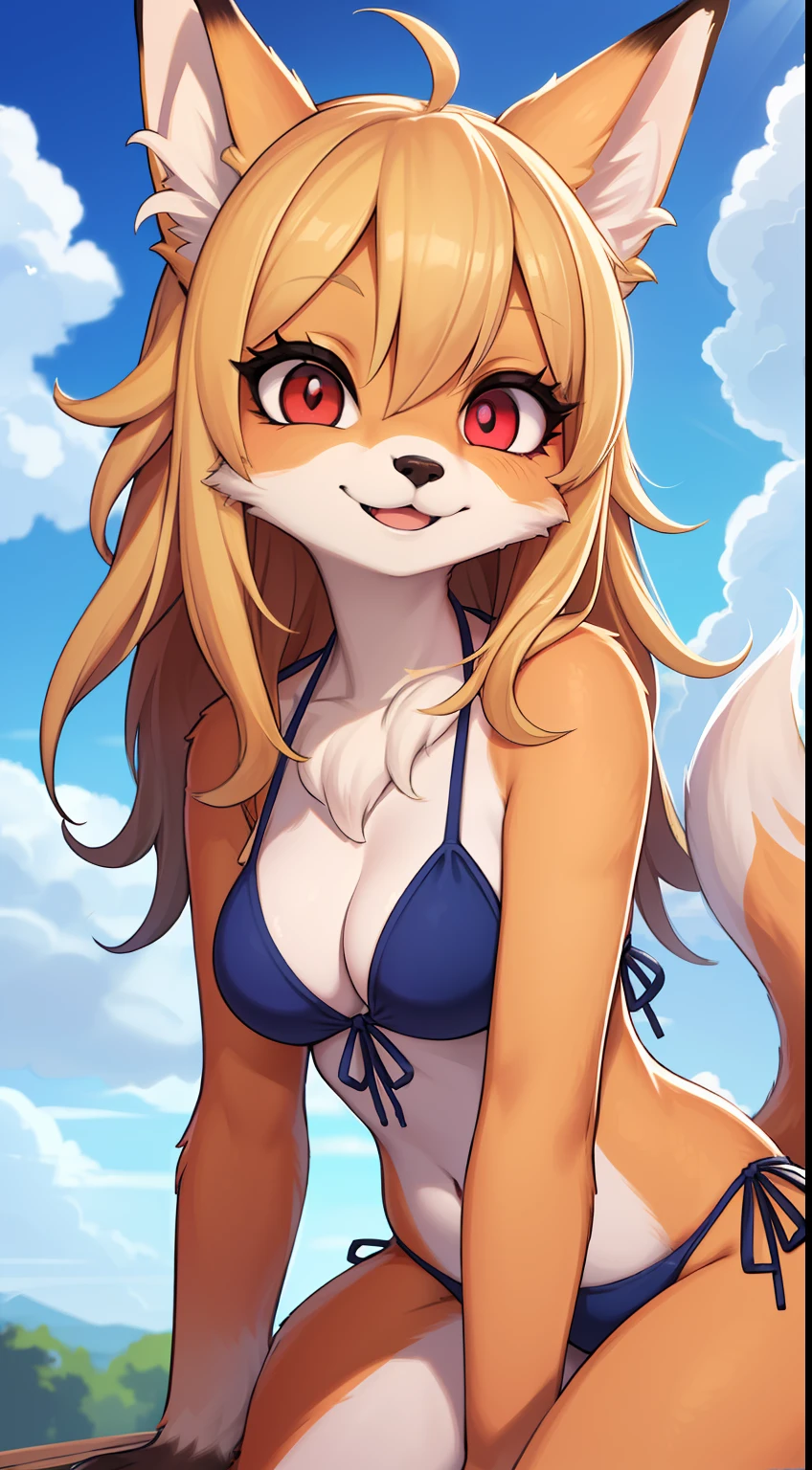 girl fox，(((Longhaire)))，shaggy，Golden fur，Long blonde hair，Bright pupils，smiley，Red eyes，Super cute face，Brown elements on fur，The bikini，Ambient light，Ultra-fine fur，Volumetric light，midday,Clouds in the sky,Blue day,,natural day light，Smile with，Fluffy tail，Color Contact Lenses