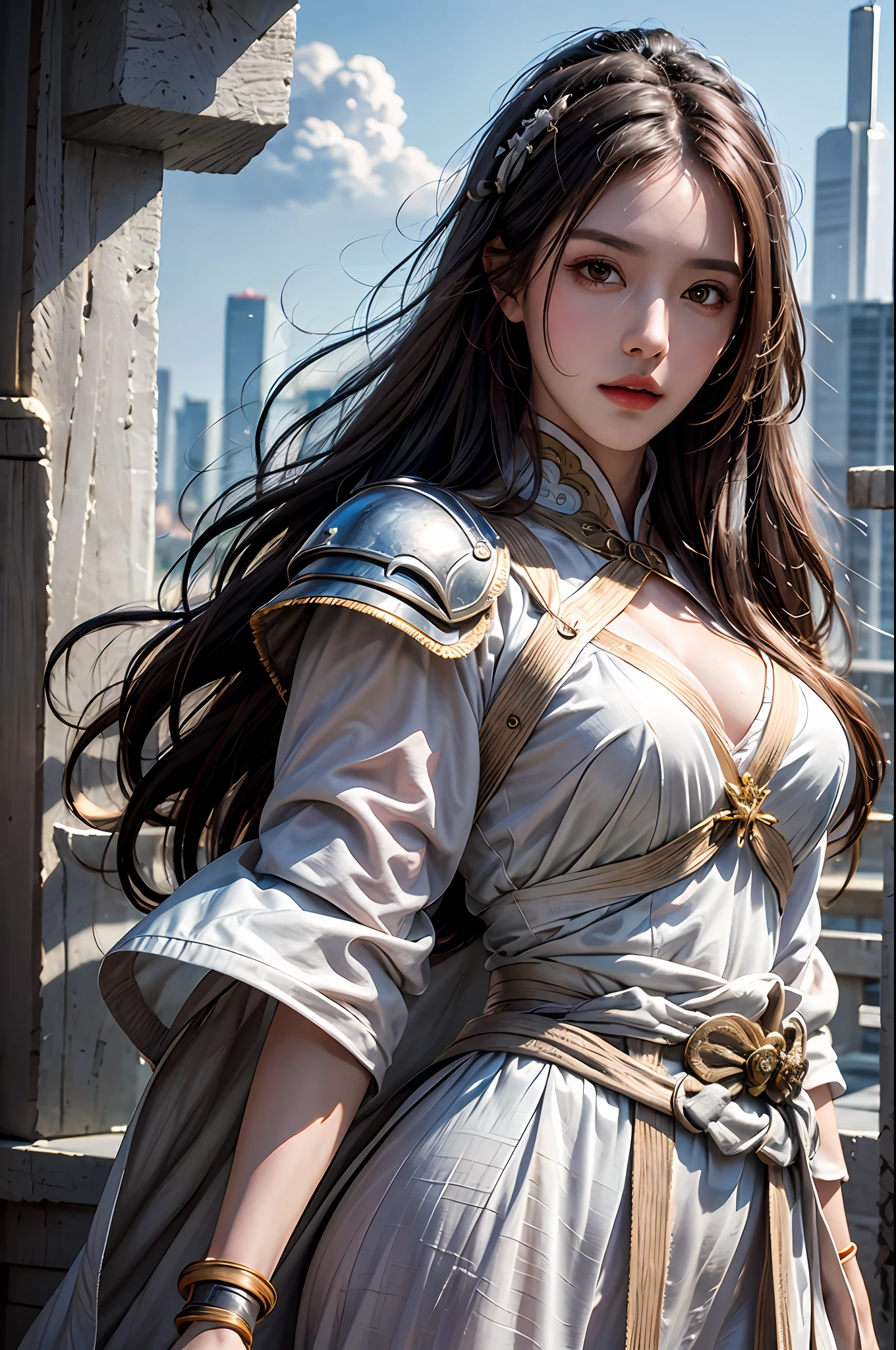 best quality, masterpiece, ultra-detailed, detailed light, (RAW photo:1.2), (photorealistic:1.4),(masterpiece:1.3),(best quality:1.4) 1girl, detailed face, solo, waist up, long hair, sky, dress, armor, cloud, chinese armor