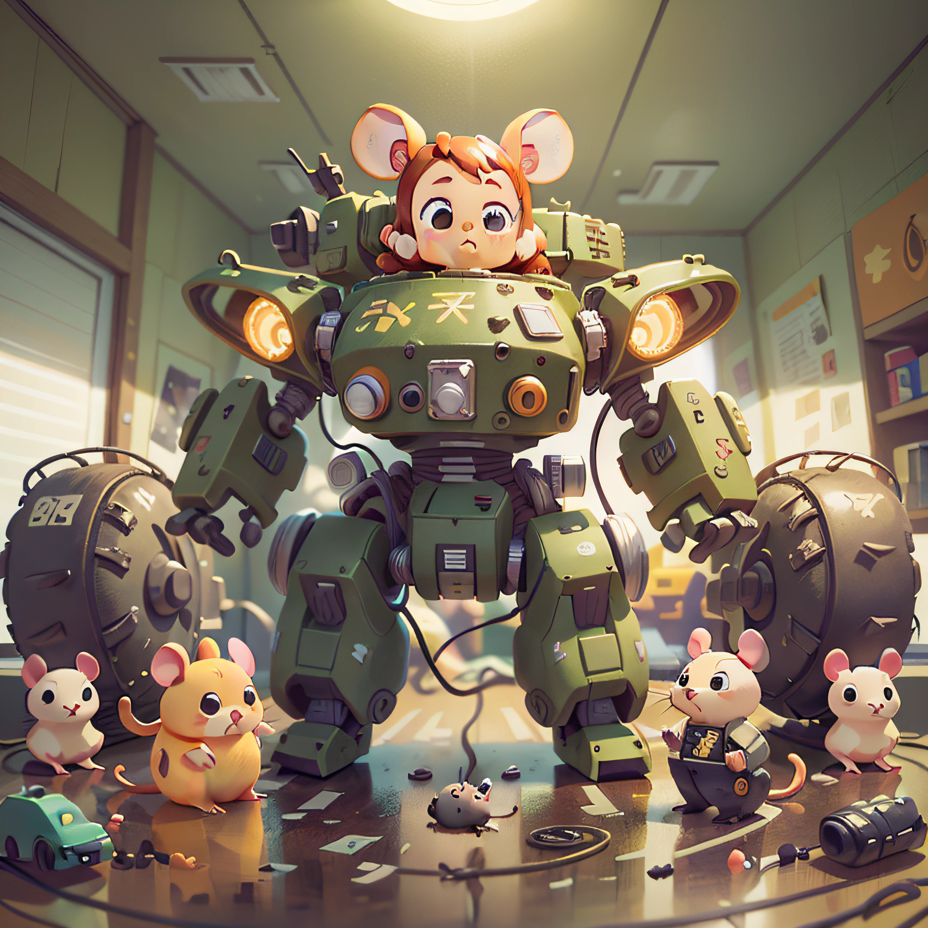 cute, chibi, mice, PFP, portrait, masterpiece, 3D Rendering, Best Quality, (Lots of Detail 1.2), (plain background), (vinyl toy figurine 1.2), ground vehicle mecha,(tank 1.2), inside a garage with fluorescent lighting overhead, sharp focus, simple background, warning signs, danger, cables, tubes