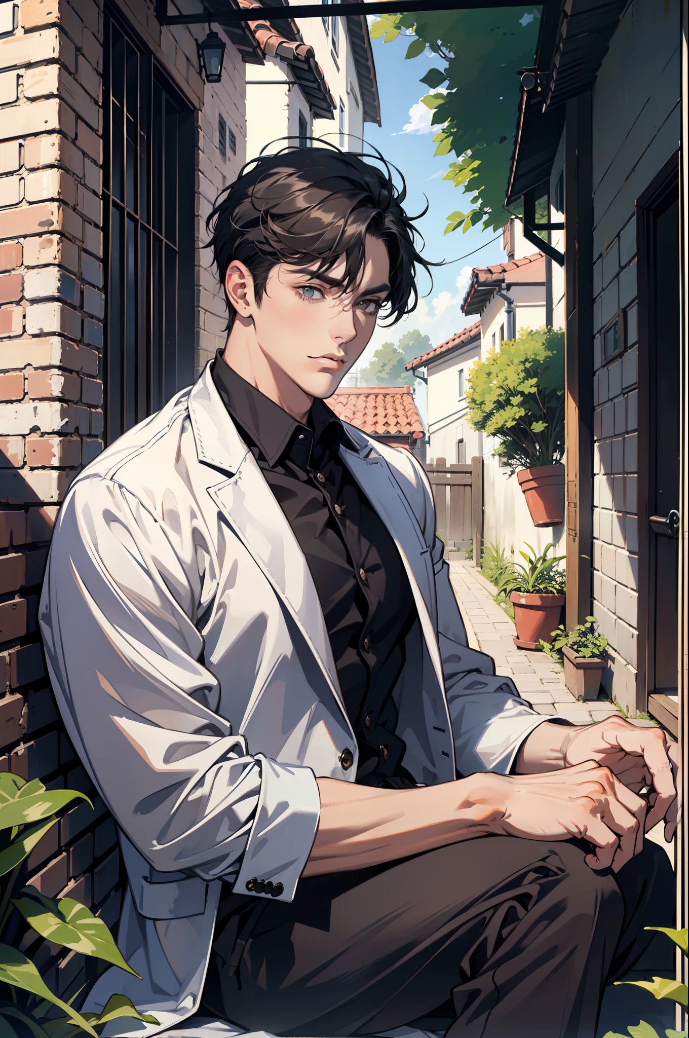 (absurdres, highres, ultra detailed), 1 male, handsome, tall muscular guy, very short hair, best ratio four finger and one thumb, best light and shadow, background is back alley, detasiled sunlight, sitting, Little cats are gathered next to him, dappled sunlight, day, depth of field, plants, summer, (dutch angle), closed mouth