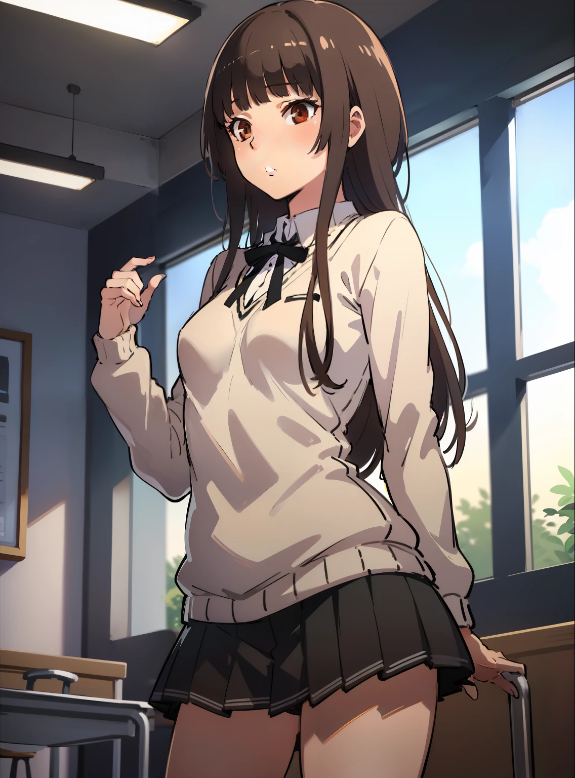 ((masterpiece,Best Quality)), high - resolution, High resolution, depth_De_nobara, Cowboy Shot, 独奏, 1girls, KR1, Brown eyes, Long hair, Blunt bangs, kibito high school uniform, sweater, Pleated skirt, socks, Small breasts, class room,