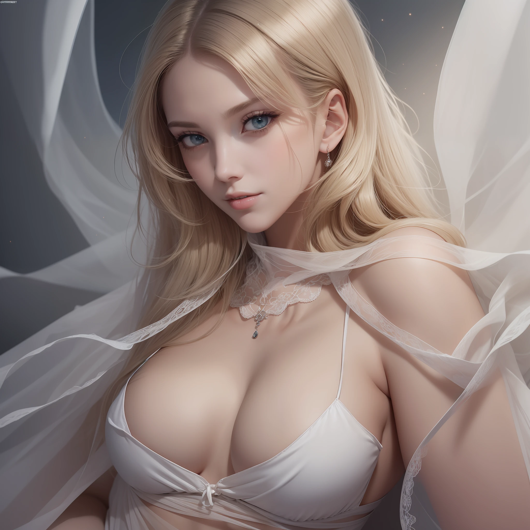 （Ultrareal）， （illutstration）， （high - resolution）， （8K）， （very details）， （beautifully detailed eyes）， （best qulity）， （Super detail）， （The Masterpiece）， （Desktop wallpaper）， Beautiful face，（Detailed face），（Detailed face）， Clear facial features，milky white lewd，Fair skin， High Detail Skins， Realistic skin details， Visible Pore， （dynamicpose），Lie on a soft bed， Art by John Collier and Albert Obright and by Krenz Kusatt and Artem Demura， Open your shoulders， A shallow smile， Half body，Petite body，perfect figure beautiful woman:1.4，Silk shawl，Rays emit light，optical