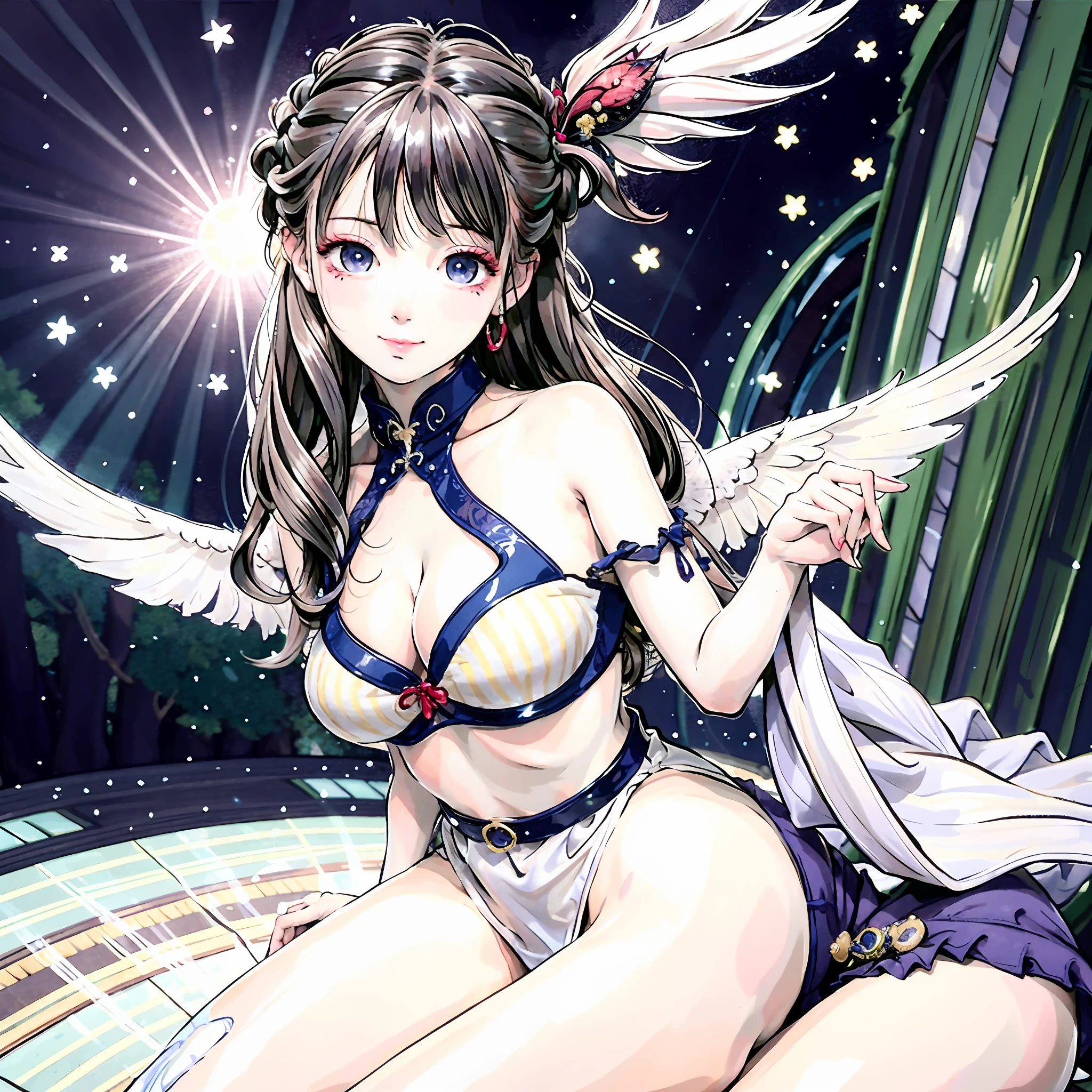 The Masterpiece,best qulity,officlal art,8k壁紙,very details,illutstration,1girl with big breasts,azure hair,slong hair,Detailed eyes,Forrest gump,naked shoulders,Hanfu,lakes,pure,Soft smile,of bamboo,茶 glossy lips,boobs shot:0.8 , video game , little sweat:0.5,wet clothes are slightly transparent :0.3 (sit single sofa, lie : 0.1)(drunk face flushed:0.6)(holding a folding fan with colorful detial feather )(fluorescent clothing)(right index finger touch lips:0.6)(hand behind head:0.2)(squat on the ground :0.1), (one eye wink:0.8) (Detailed rich feathered belt)(star mark on face: 1.5) (perfect face:1.5) (1 girl:0.6)(two girl:0.1)photorealistic (back wrap skirt)(white and color hair:1.2) ,angel ring on head , sakura skirt,(petal fly:1.1) angel ring on head , silk scarf wrapping flying (show lace panties: 0.7), big eyes, (Busty boobs:0.8) (perfact Busty boobs : 0.5), shadow on body,lifted up , (moon and many star in the background), ((look at top)), smiling, (two color hair mix), (dancing), active, best anatomy: 1.6, Unreal Engine 5, best quality, very detailed, detailed background, , Best Anatomy, Illustration, Ultra HD, RAW, (PureErosskin_V1:0.0), (ulzzang-6500-v1.1:0.0), Wildcard Prompt: (Masterpiece), (Best Quality ), ((super detailed)), illustration, (detailed light), cinematic light, cute girl, flying hair, playful smile, light hair, pastel painting, art nouveau, In Full Growth, Cinematic Light, Ultra Detailed, Detailed Face, Realistic Face, Detailed Eyes, Realistic Eyes, Sweet Lips, Bright Smile, ((Flying Hair: 1.1, Sharp focus, handsome, long-legged, thin, professional lighting, rendered eyes, hair accessories, (Asian Idol), architecture, birds and butterflies and bubbles in the air, lower boobs, navel, celestial body, in road side, nice Idol, ( Above the waist), (perfect face:1.), 18y, magic castle, car ,(best quality), perfect Eye,