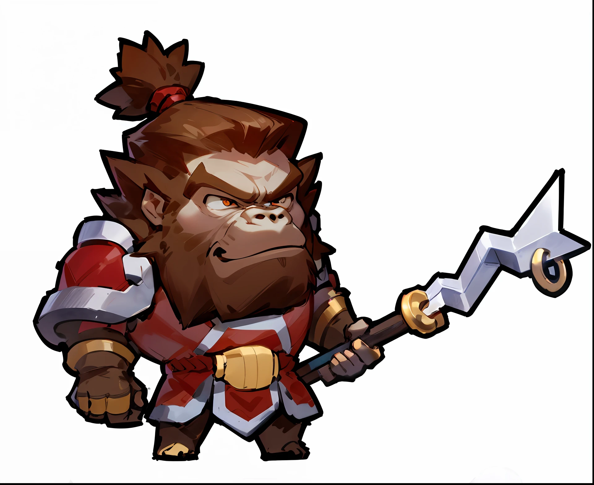 Q version cartoon 2 head-to-body ratio,Anthropomorphic gorilla male,Animal image design,Gorilla image bearded wearing red style ancient armor,Cute expression with big eyes,arma,Very handsome and tall,Q version cartoon monster standing drawing,Stand obliquely,the side view,standing sideways,Full body like,Cool styling