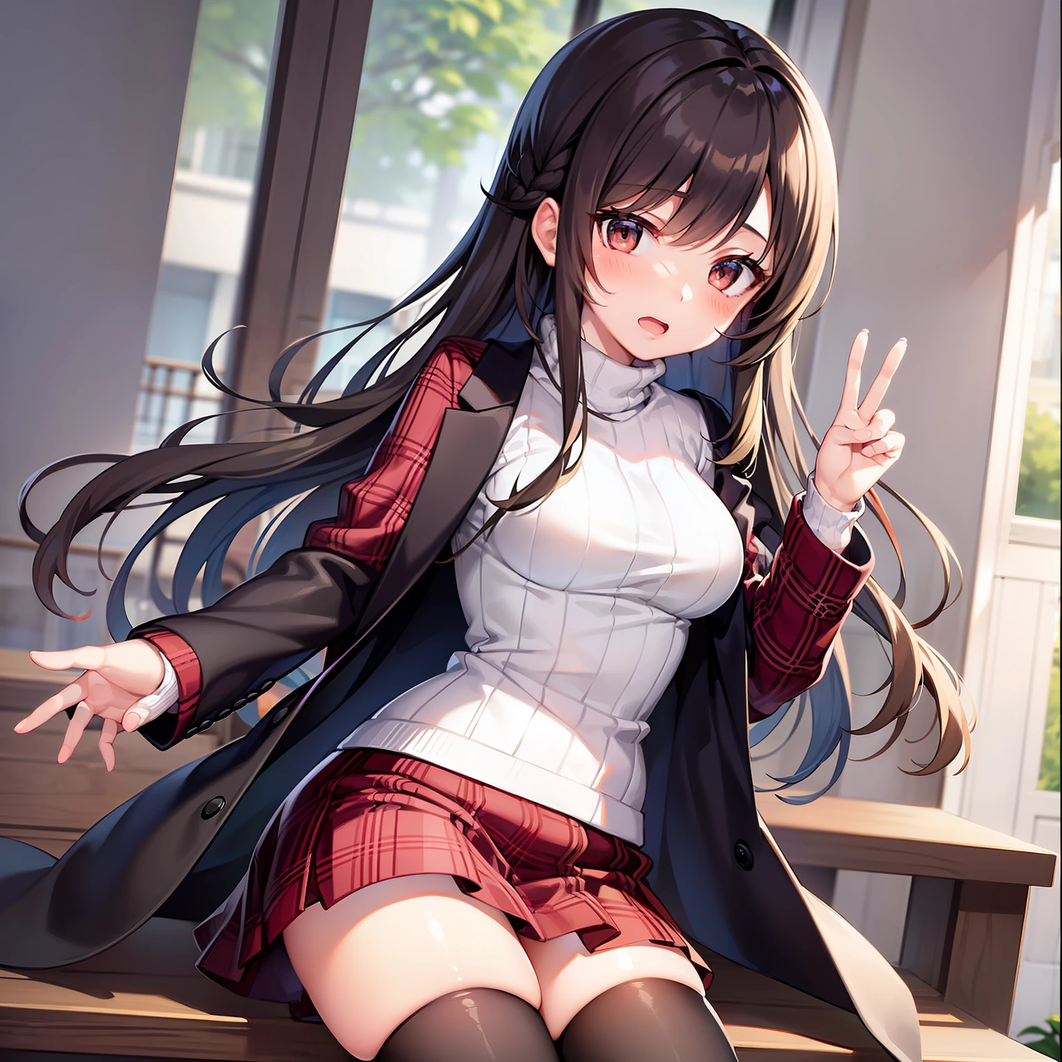 1girl,Petite 20 year old pretty girl、Breasts are large、Baby face、(White turtleneck sweater)、(Duffel coat)、Red check muffler,(Long pleated skirt)、stockings、Girl has brown hair、semi long hair、peace signs、No background