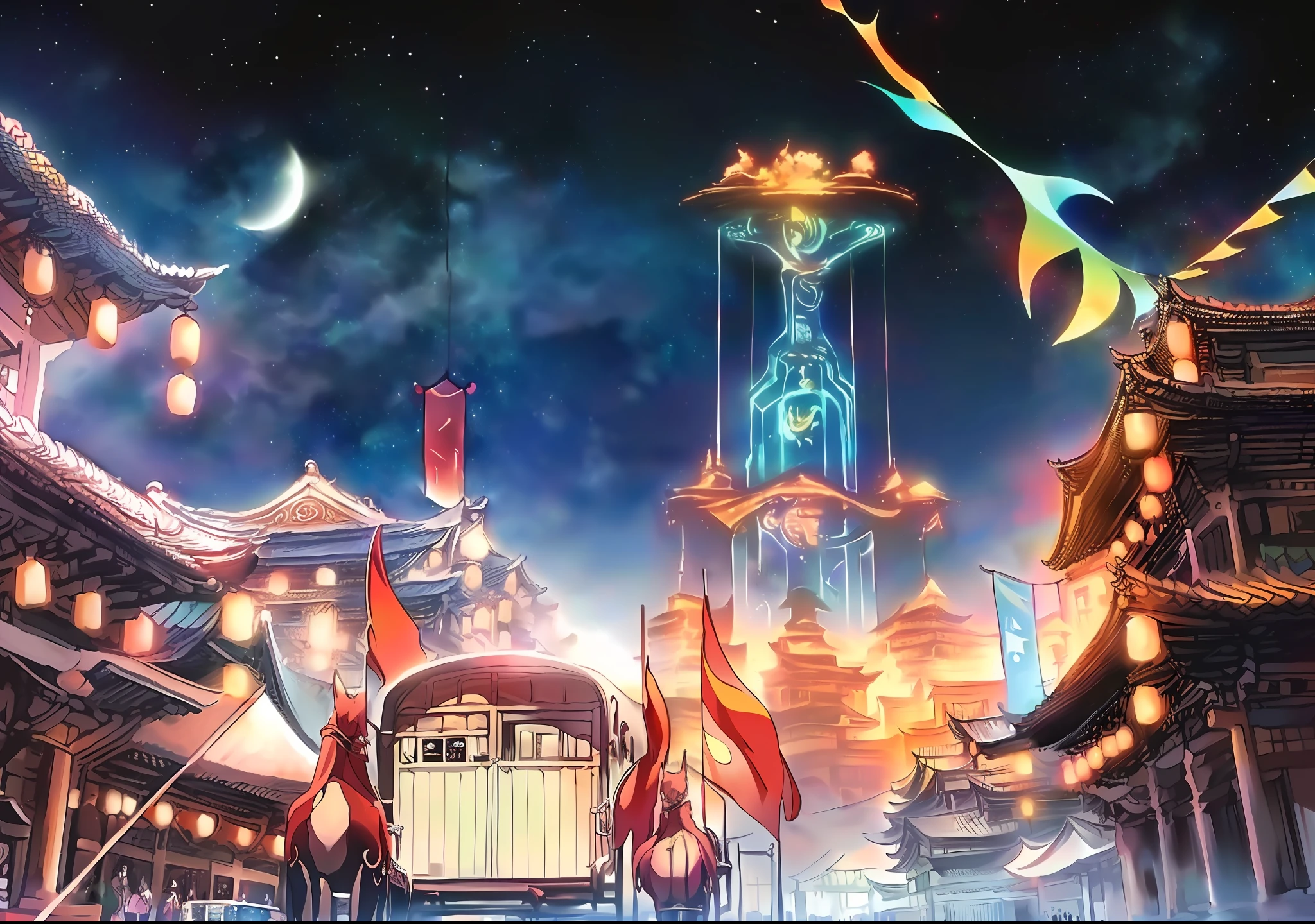 Anime scenes of streets with horse-drawn carriages and buildings, colorful kitsune city, colorful anime movie background, Best anime 4k konachan wallpaper, Onmyoji detailed art, anime land of the lustrous, traditional japanese concept art, anime art nouveau cosmic display, summer festival night, anime style cityscape, Anime fantasy artwork, anime”, “ anime, Complete - View house details The lines are smooth and obvious