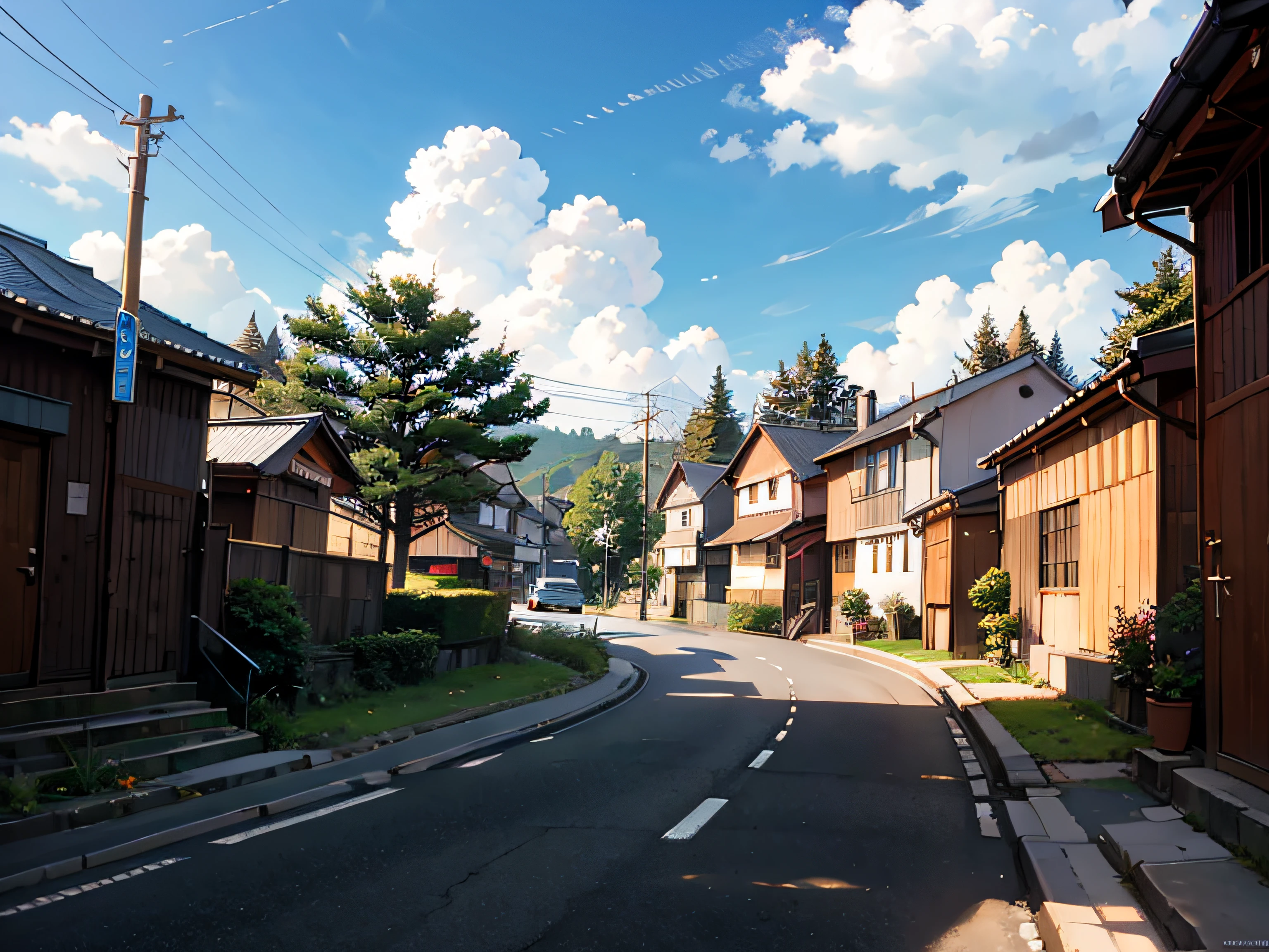 （View of Japanese towns），（hayao miyazaki style），Cartoons，road，Corners，casa，The tree，pole，white cloud，scenecy，out door，Trees，Epic composition，photorealistic lighting，high-definition details，master-piece，best qulity，（Very detailed CG unified 8k wallpaper），Landscape composition，ModernArchitecture --v6