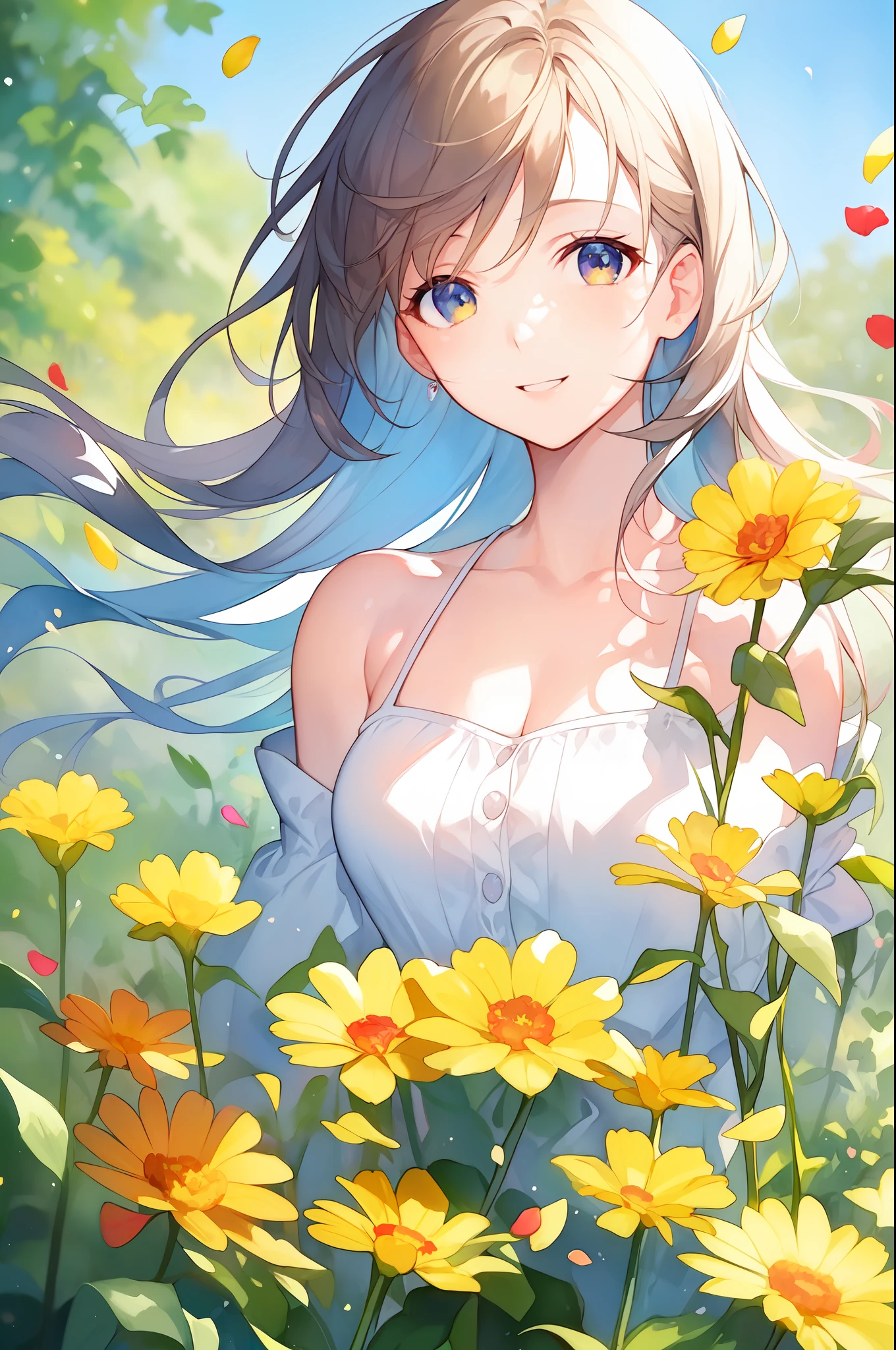 A girl holding flowers, colorful petal floating in the sky, meadow, happy, watercolor, perfect quality, clear focus (clutter-home: 0.8), (masterpiece: 1.2) (Realistic: 1.2) (Bokeh) (Best quality) (Detailed skin: 1.3) (Intricate details) (8K) (Detail Eyes) (Sharp Focus), (Happy)