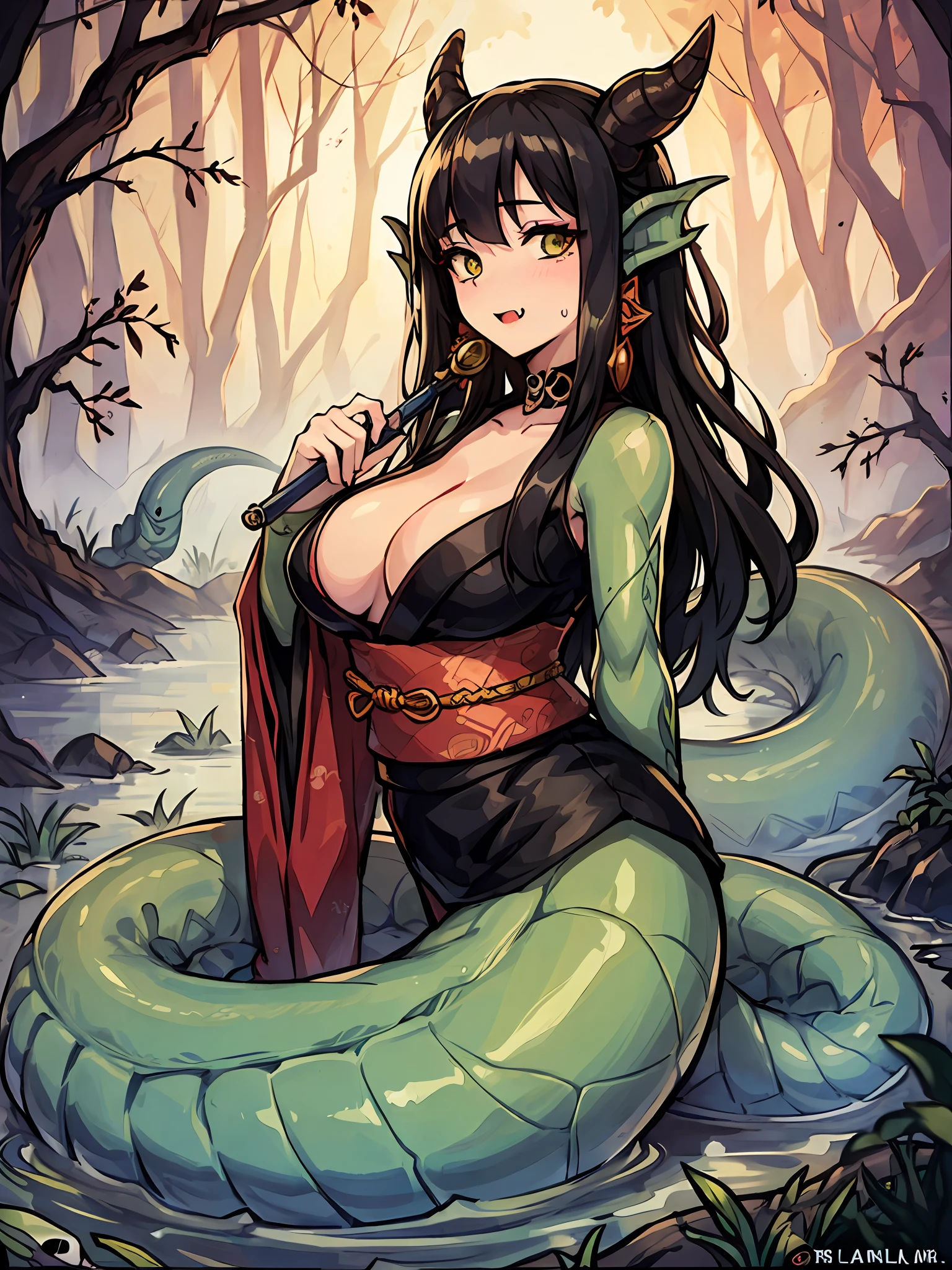 (lamia:1.5)
master piece、monsters、独奏、Bewitching beauty in the upper body、The lower part of the body is a large snake、full - body、Bull's-eye、Snake skin、in a kimono、Fluffy kimono、Black hair straight、Bangs、Crimson lipstick、Snake Fang、sidelong glance、The background is a swamp of Japan、、Torchlight、skull、Sunlight、wetland、A sexy、Functional、、Erotic、high picture quality、High Accuracy、Accurate drawing、Detailed drawing、
