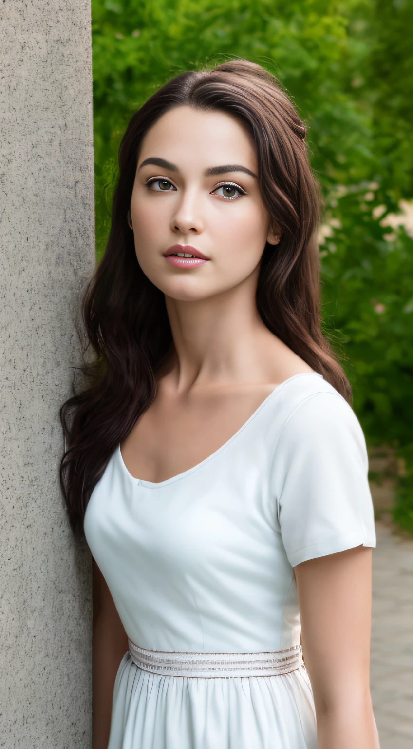 ((Realistic lighting, Best quality, 8K, Masterpiece: 1.3)), Clear focus: 1.2, 1girl, Perfect body beauty: 1.4, Slim abs: 1.1, ((dark brown hair)), (White dress: 1.4), (Outdoor, night: 1.1), City streets, ultra-fine face, fine eyes, double eyelids, gentle temperament, thirties