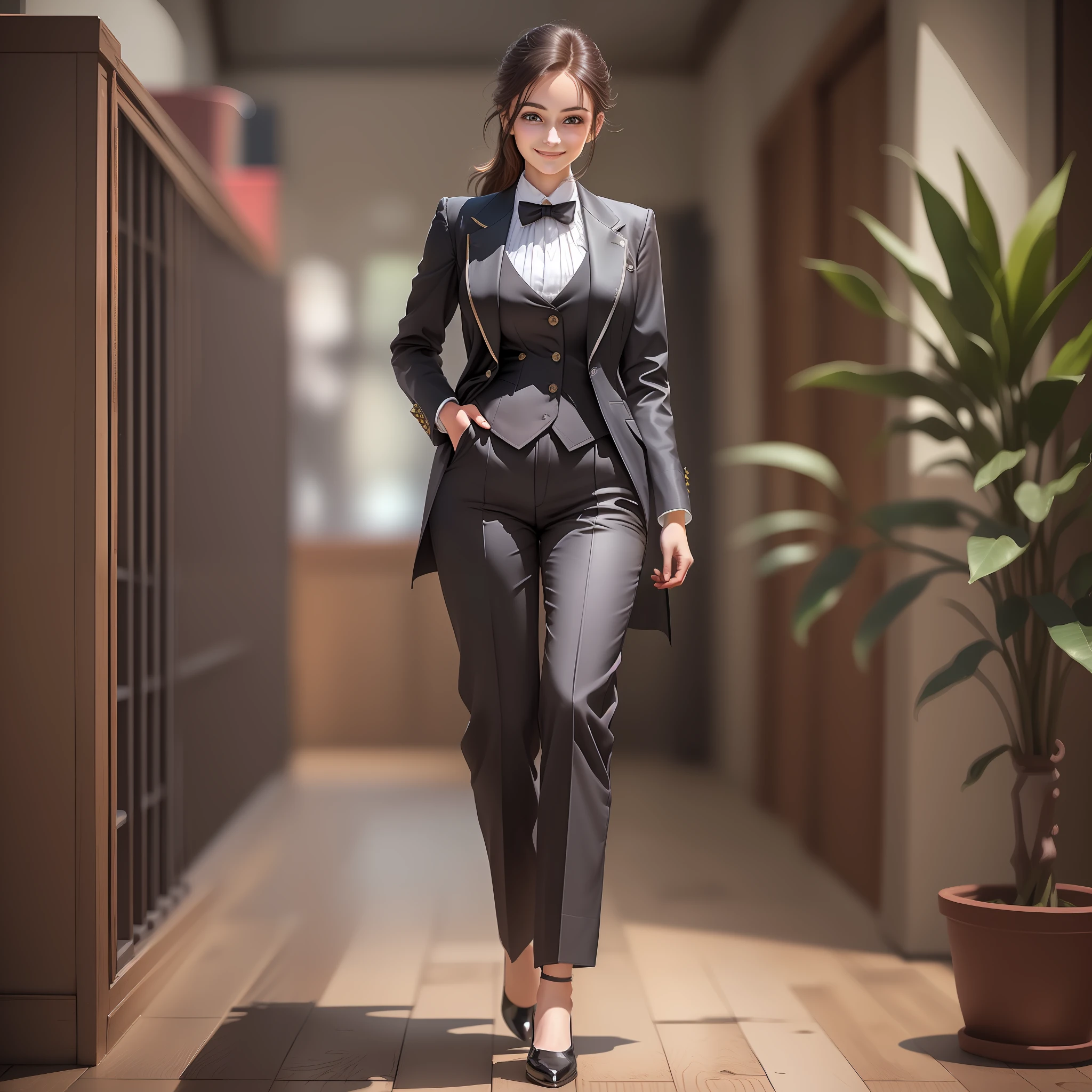 1girl, (best quality, masterpiece, ultra high resolution), (photorealistic:1.3), (realistic:1.3),(long legs:1.3), (closed mouth), (light smile:1.2), (expressive hair:1.2), (upper body:1.2), (tailcoat:1.3), (model posing:1.3), indoors, (long trousers:1.2),busty, vivacious and seductive, (day:1.2), (only one girl:1.2),(standing:1.2), (slender), (slender legs), shiny skin, nose blush, (facing viewer),