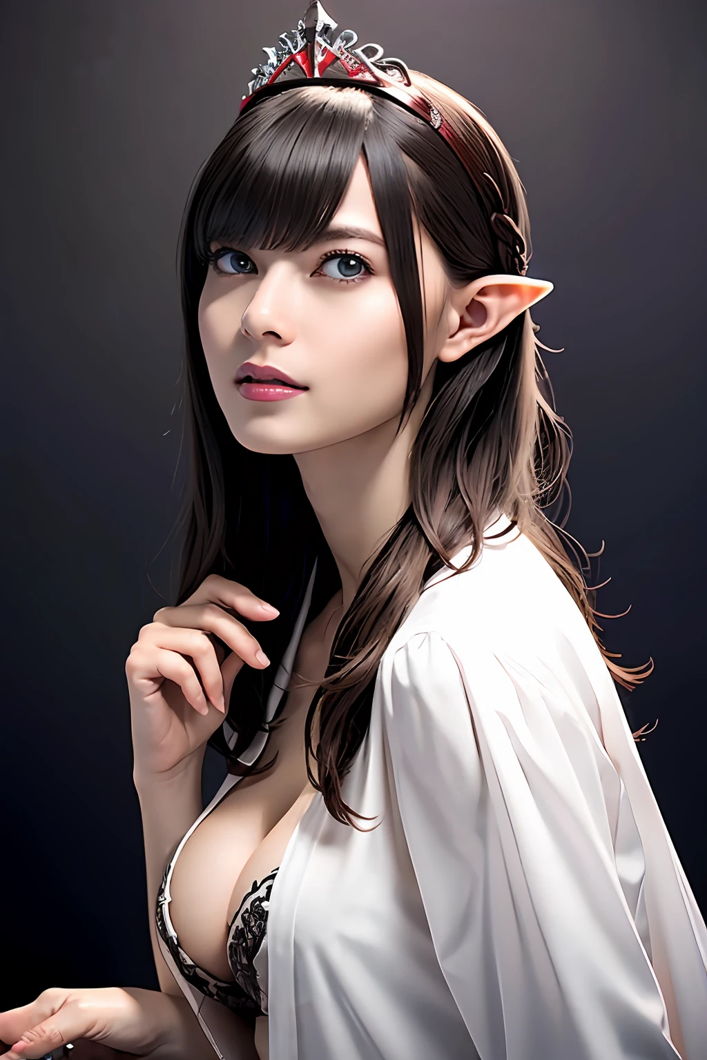 Ultra-detailed complex 3D rendering of the face, (Colossal: 8.8), (masterpiece, top quality, octane rendering, 8K), glamour shot full body image, very beautiful young elf, cleavage, (very detailed skin: 1.2), (exposure: 1.1), brown hair, (wearing a plummeted open shirt of white silk: 1.5)), beautiful Caucasian woman with white skin with full soft breasts with big buttocks, 1 person, long braided hair, big breasts, dynamic angle, mystical expression, ultra-realistic photos, (((((portrait))), bare feet, futuristic urban background, facial muscles, detailed and beautiful queen crown, in the style of Marvel Comics, ArtStation trends, clear focus, studio photography, intricate details, very detailed, detailed red eyes, very detailed, Sharp Focus, Digital Rendering, Professional, Abs, Dark Grey Background, Shot with Canon EOS R 6, (((((Sexy Pose)))),