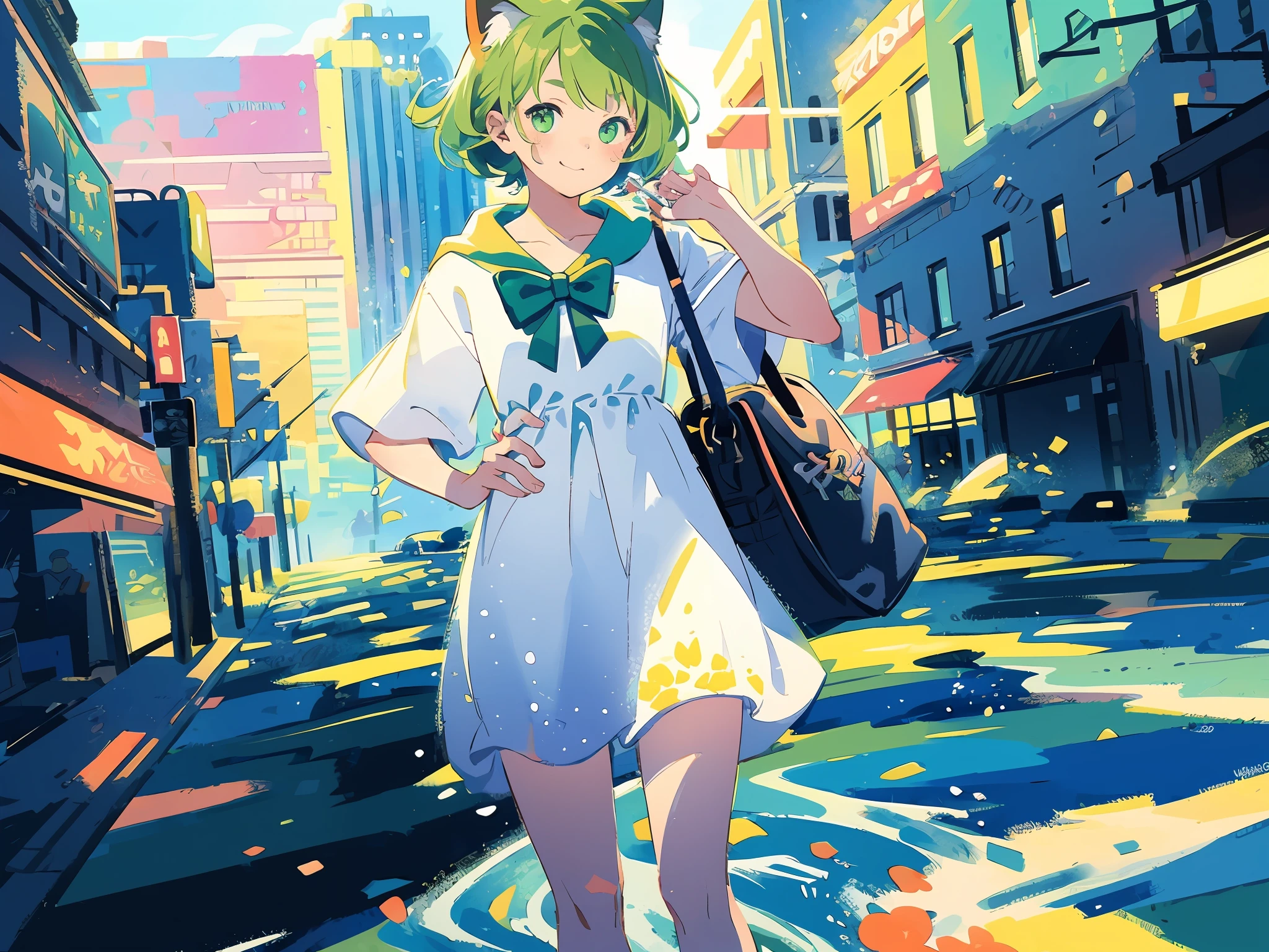 (best qualiy)、(masterwork:1.2)、(colorfully:0.9)、((Ink splashing))、(Color scattering)、(water colors)、Crisp focus、model shot、(((fullbody)))、
(Summer portrait:1.5)、Cute look、cat ear、Elegant green hair、beautyfull detailed face and eyes、Cute clothes、((Urban city background))、TOKYOcty、
colorwater、Urban cityscape