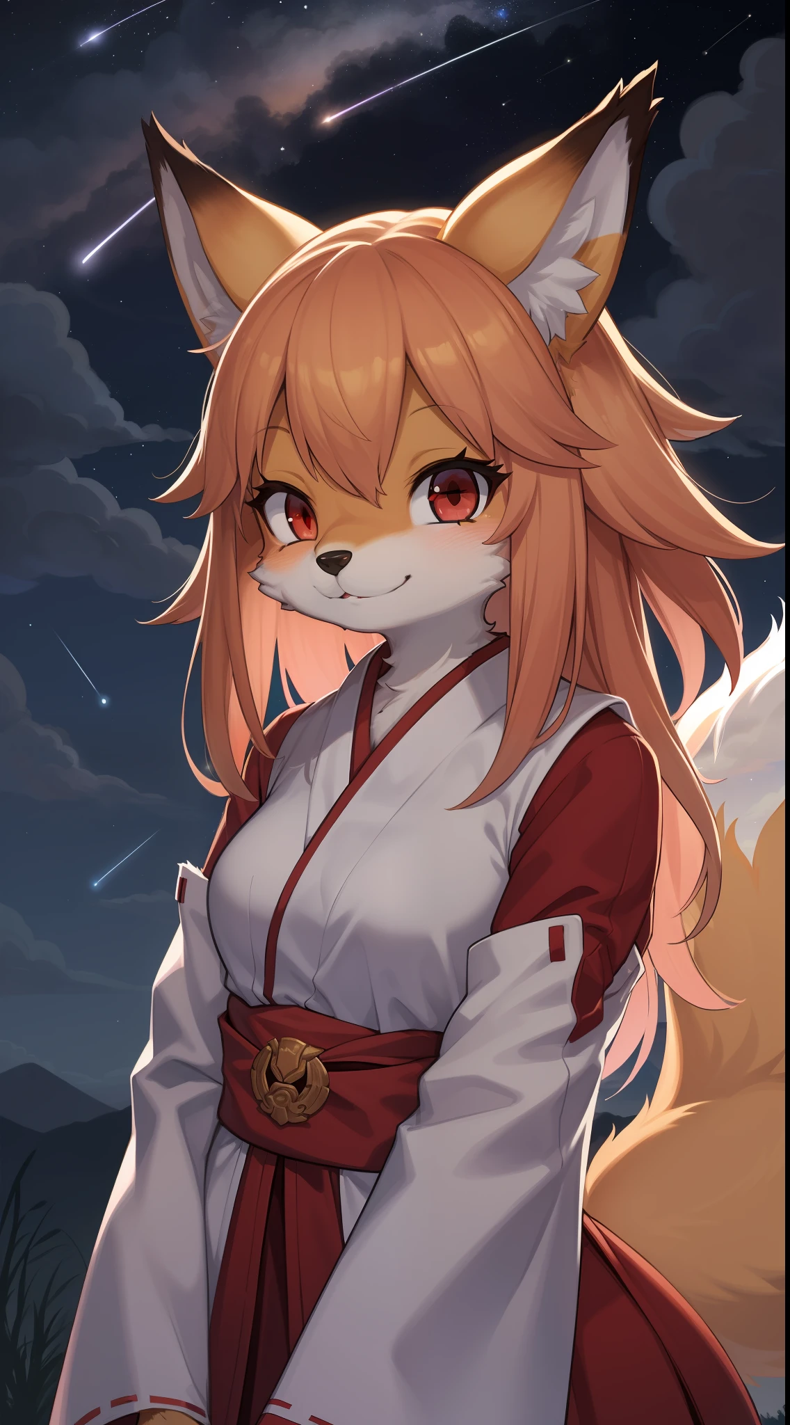 fox girl, furry, furry, golden fur, golden face fur, long hair, red eyes, super cute face, brown elements on fur, miko, beautiful lights and shadows, ambient light, super fine fur, volumetric light, night, clouds and stars in the sky, sky outside starry sky, shooting stars, natural lighting, smile, fluffy tail,