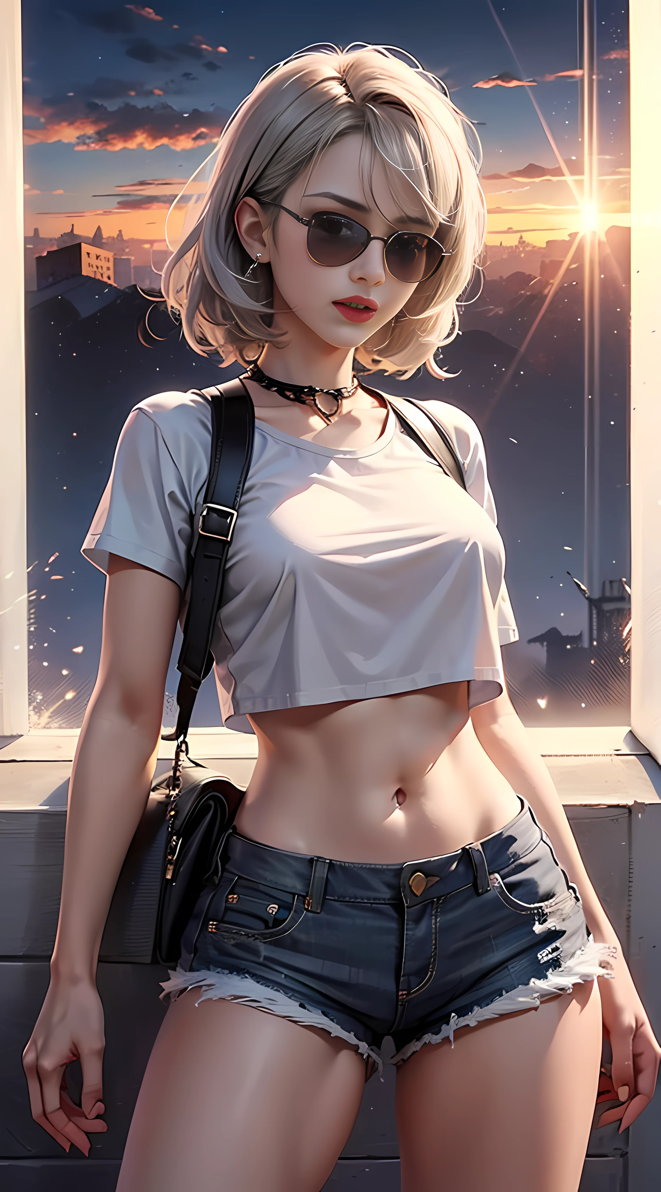 Ultra high quality,8K,gal girl,Sexy and feminine, high and cold,Enchanting,The head proportions are perfect,Short black and gray hair,Wear T-shirt shorts,Flaming red lips,Swan neck,the sun is shining wide shot,With sunglasses