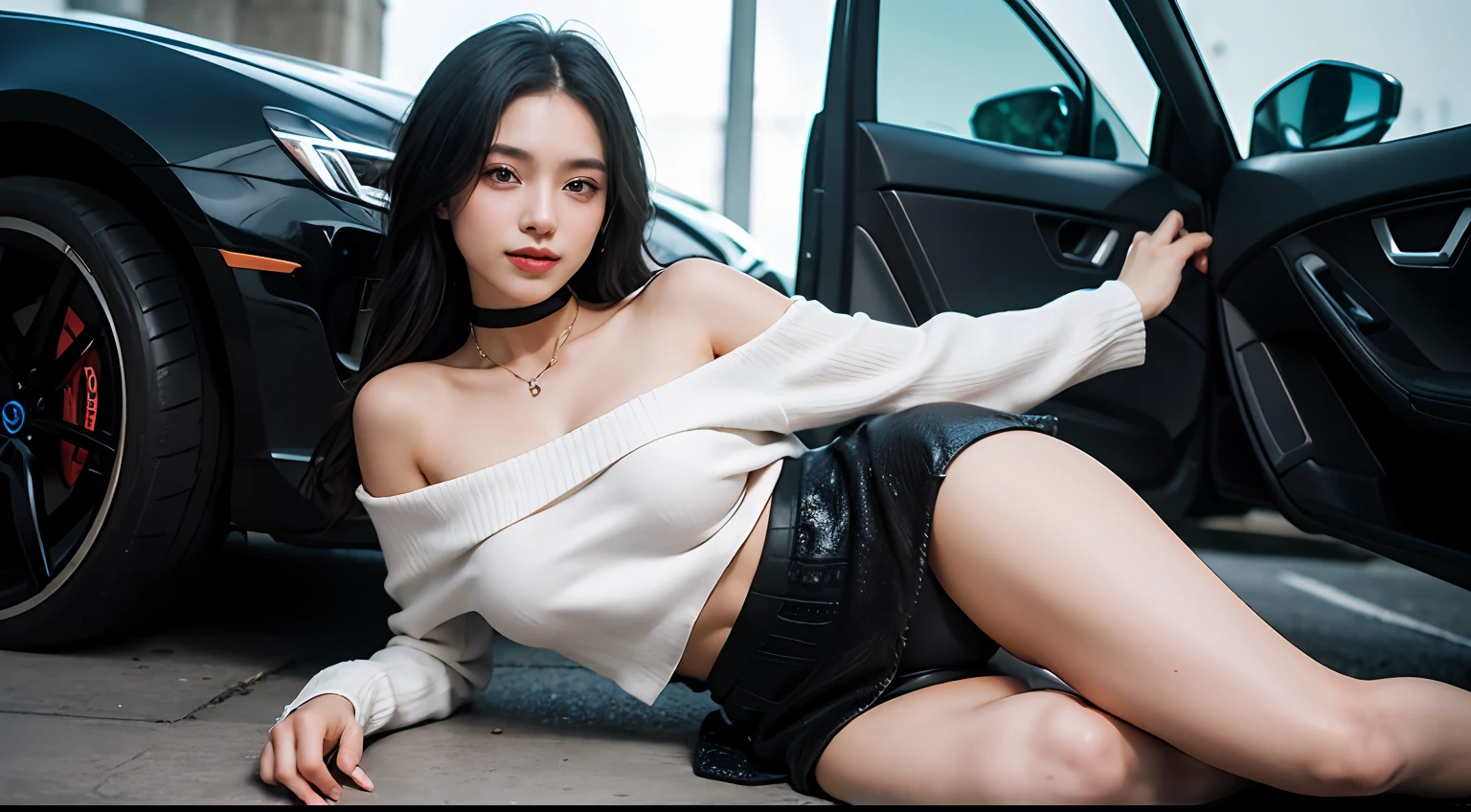 ({Only one woman}:1.2):Long black hair that falls to the shoulders,shiny glistening eyes)1.3),((Show sexy poses in front of a supercar,looks at the viewer,Smile with):1.3), \n,mediuml breasts,Tall female,Wear designer sneakers、Street View、Supercar、Beautiful legs,Luminous eyes,Blushlush,Perfect body,As thin as a whipping post,best qulity,ultra-highresolution,(Realism:1.4),1girls,off the shoulder shirt,Black tight skirt,Black collar,(Faded gray hair:1),(enormous breasts:1.2),looks at the viewer,close-up of the private parts,