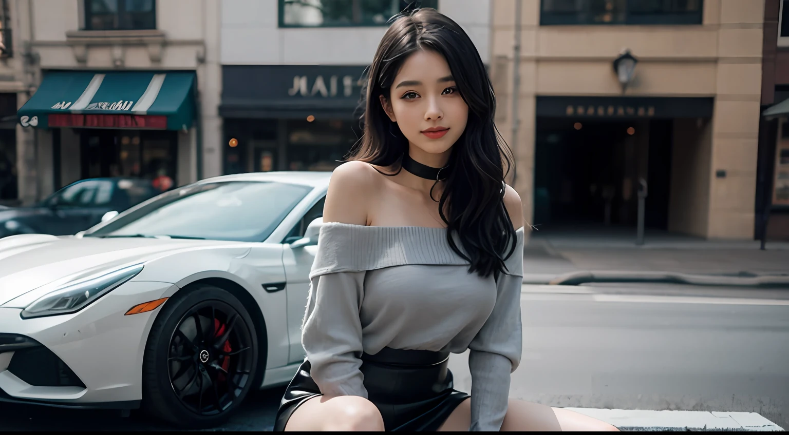 （{Only one woman}：1.2）：Long black hair that falls to the shoulders，shiny glistening eyes）1.3），（（Show sexy poses in front of a supercar，looks at the viewer，Smile with）：1.3）， \n，mediuml breasts，Tall female，Wear designer sneakers、Street View、Supercar、Beautiful legs，Luminous eyes，Blushlush，Perfect body，As thin as a whipping post，best qulity，ultra-highresolution，（Realism：1.4），1girls，off the shoulder shirt，Black tight skirt，Black collar，（Faded gray hair：1），（enormous breasts：1.2），looks at the viewer，close-up of the private parts，