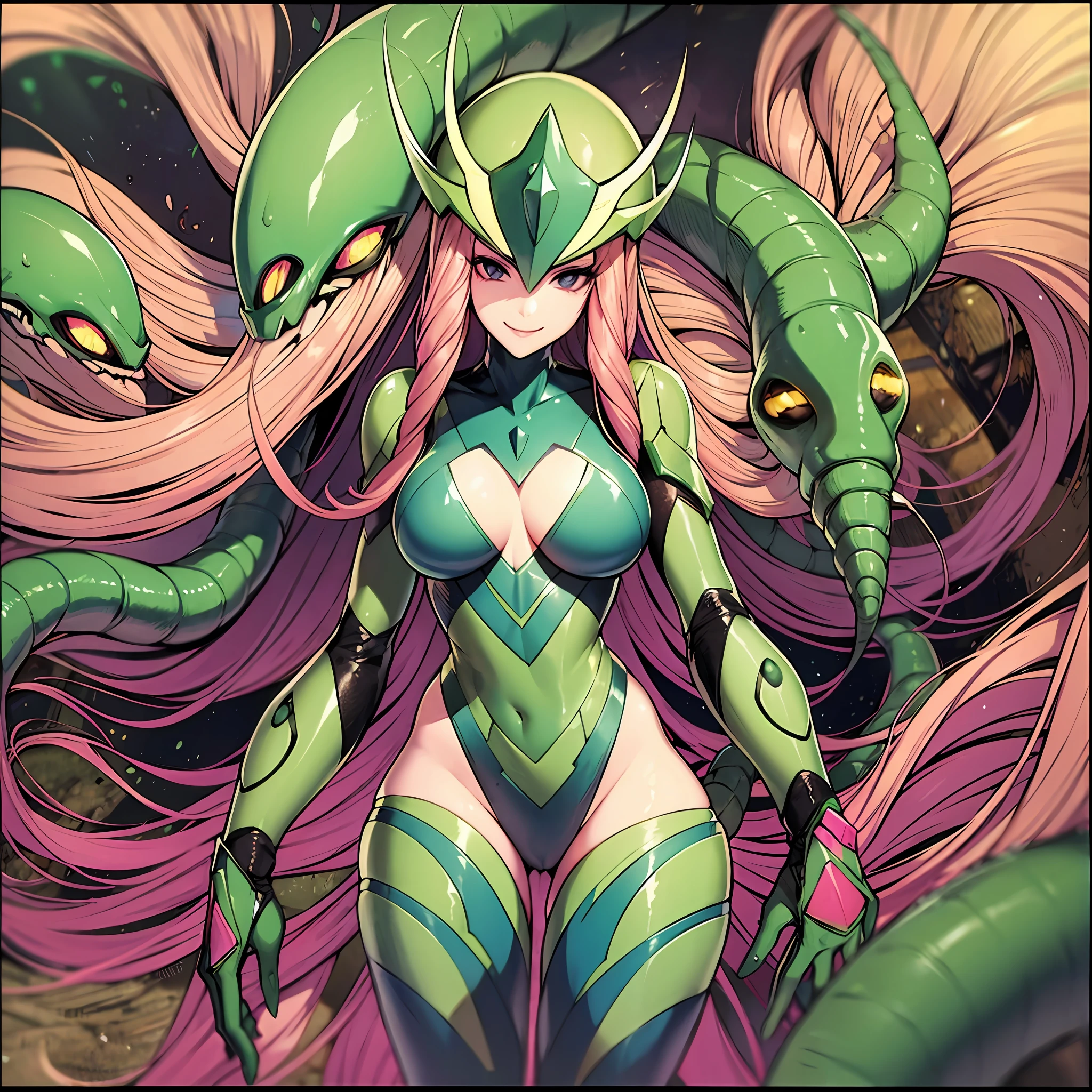 Woman wearing hot water dripping tentacles、Guyver Style、wicked smile、Tentacles、Scarabeleploid、Cel Shade Adult Animation、Metroid Suit、long-hair
