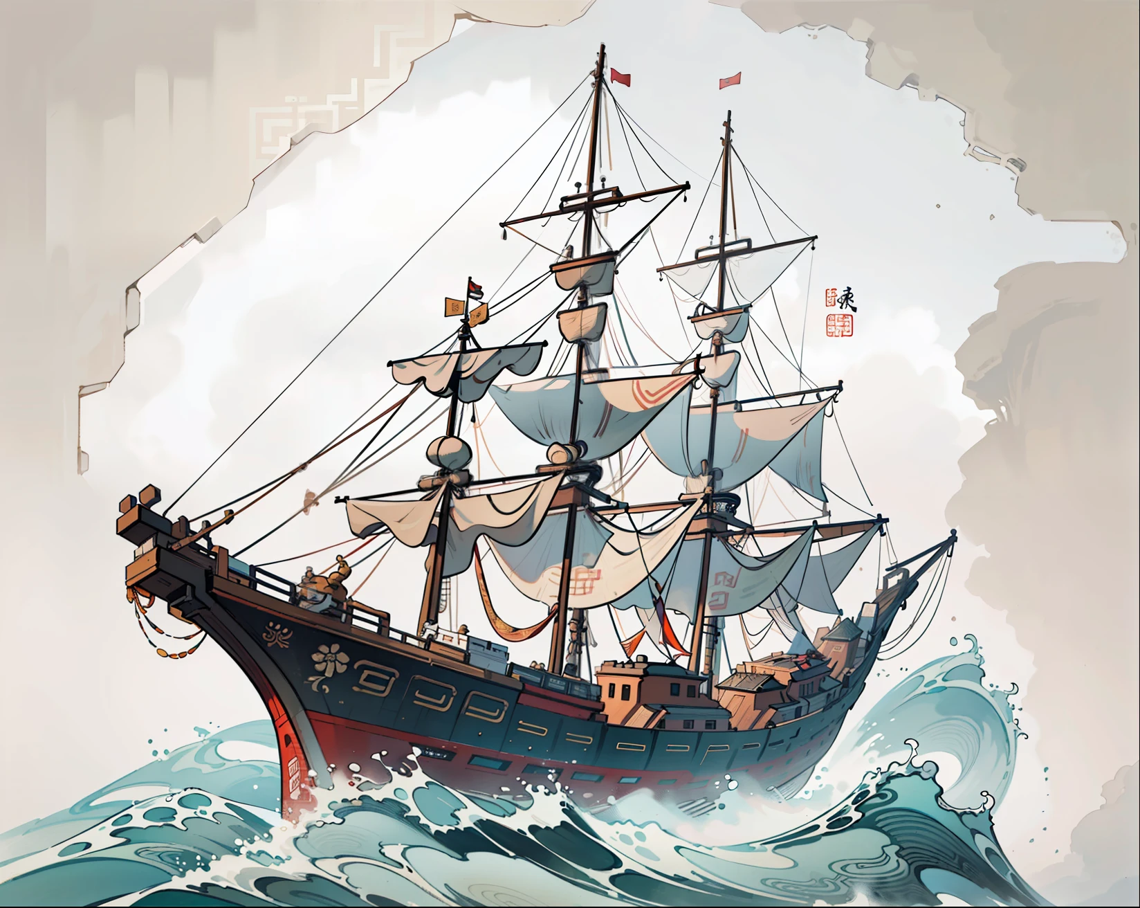 (Ancient Chinese Painting), Epic Composition, Traditional Patterns, (Masterpiece, Top Quality, Official Art, Best Quality, Beauty and Aesthetics: 1.2), Three Chinese Wooden Sailing Ships, Riding the Wind and Waves, Extreme Detail, (Fractal Art: 1), Colorful, Best Masterpiece, 8K, White Background: 1.6.