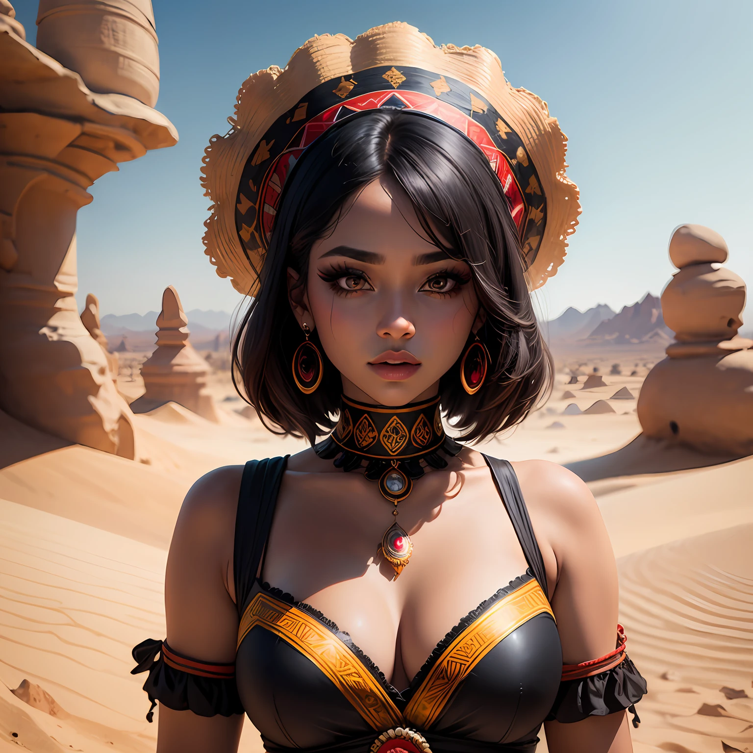 (masterpiece:1.2), (best quality:1.2), perfect eyes, perfect face, perfect lighting, photoshoot, 1girl, mature female wearing SSAHC, SSAHC, dark-skinned, colorful tribal dress, headdress, thick eyelashes, makeup, eyeshadow, medium hair, oasis, desert detailed outdoor background --auto