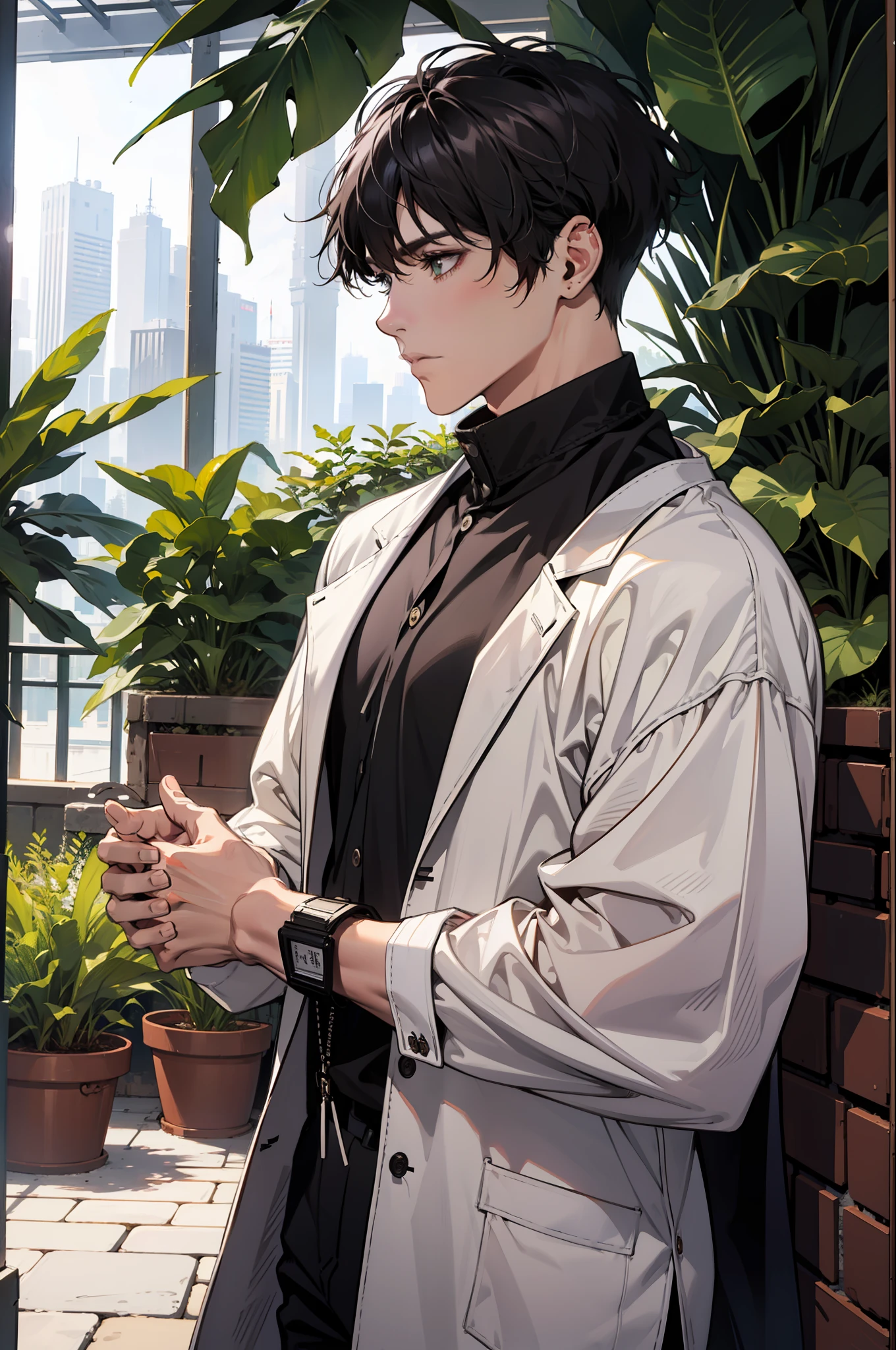 (absurdres, high - resolution, overdetalization), 1 male, beutiful, tall muscular guy, very short hair, The best ratio of four fingers to one thumb, Hands close up, veins in the arms, Better light and shadow, Background - Lane, Detailed sunlight, Sit, Little cats gathered nearby to him, Spotted sunlight, daytime, dof, Plants, summer, (dutch angle), closed mouth, neon lights