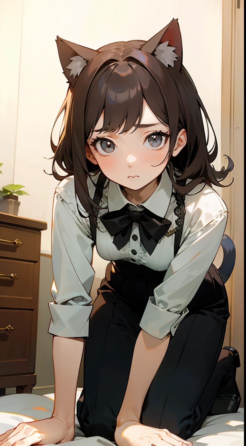 ((Master Masterpiece)), ((Top image quality)), illutstration, The girls1Guys, Hair color, Bangs, Hairstyle Fax,cat ear、 Portrait from the waist up, Slender、Constricted hips、((small udder))、Maiden、Black slacks、bowties、Tight slacks、Micro bikini decorated with lace、Simple bedroom、all on fours、Maiden bright blonde hair、Hair that grows to the waist、 Gray eyes、 Dull bangs、View here、emotionless、Portrait from the front