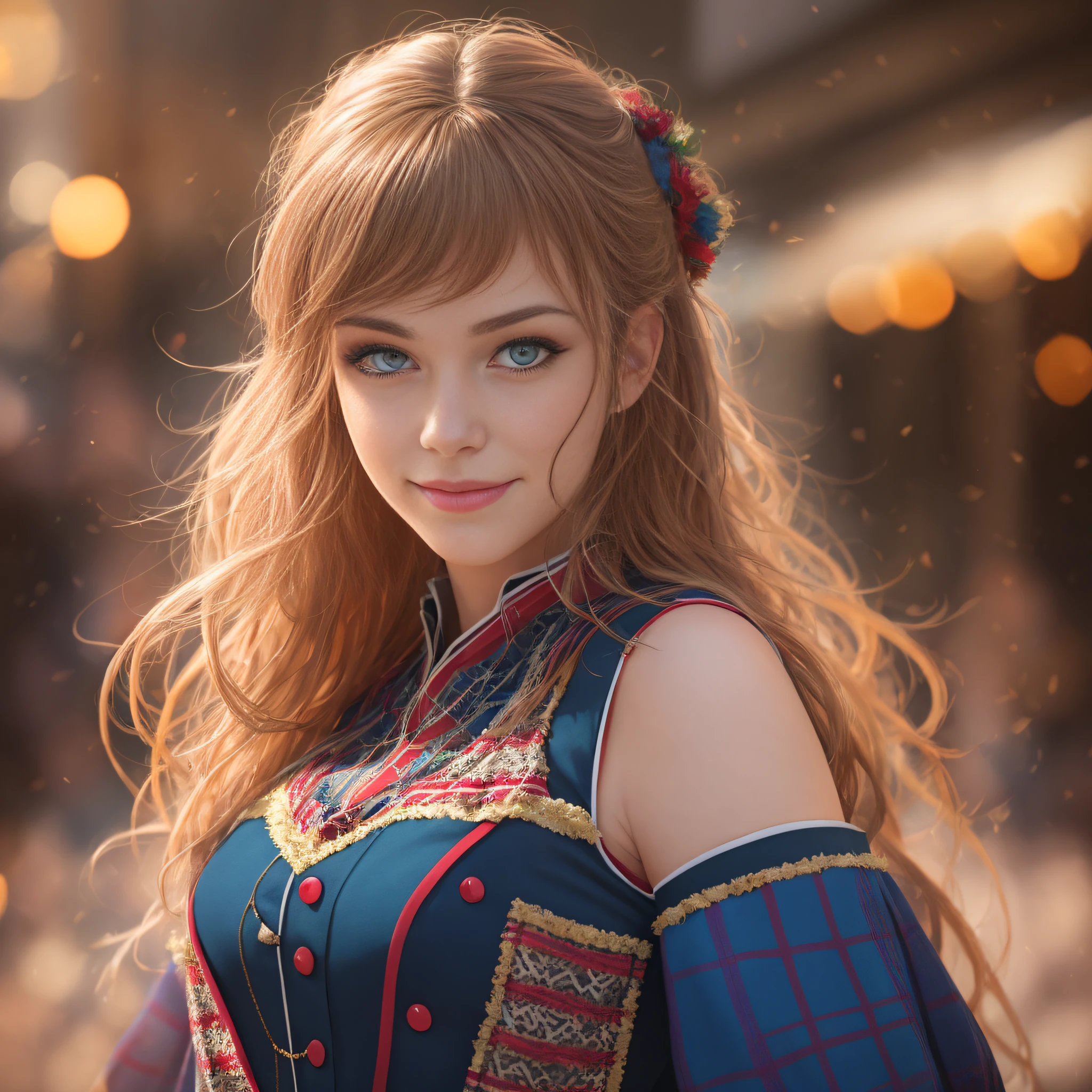Scotland traditional dancer, portrait of a photorealistic incredibily beautiful happy woman, 20 yr, half smiling, staring at camera in front, intense coloration fantasy, light hair, a stunning realistic photograph 20 years , Random hair, random color eyes, Luminism, Bar lighting, octane rendered