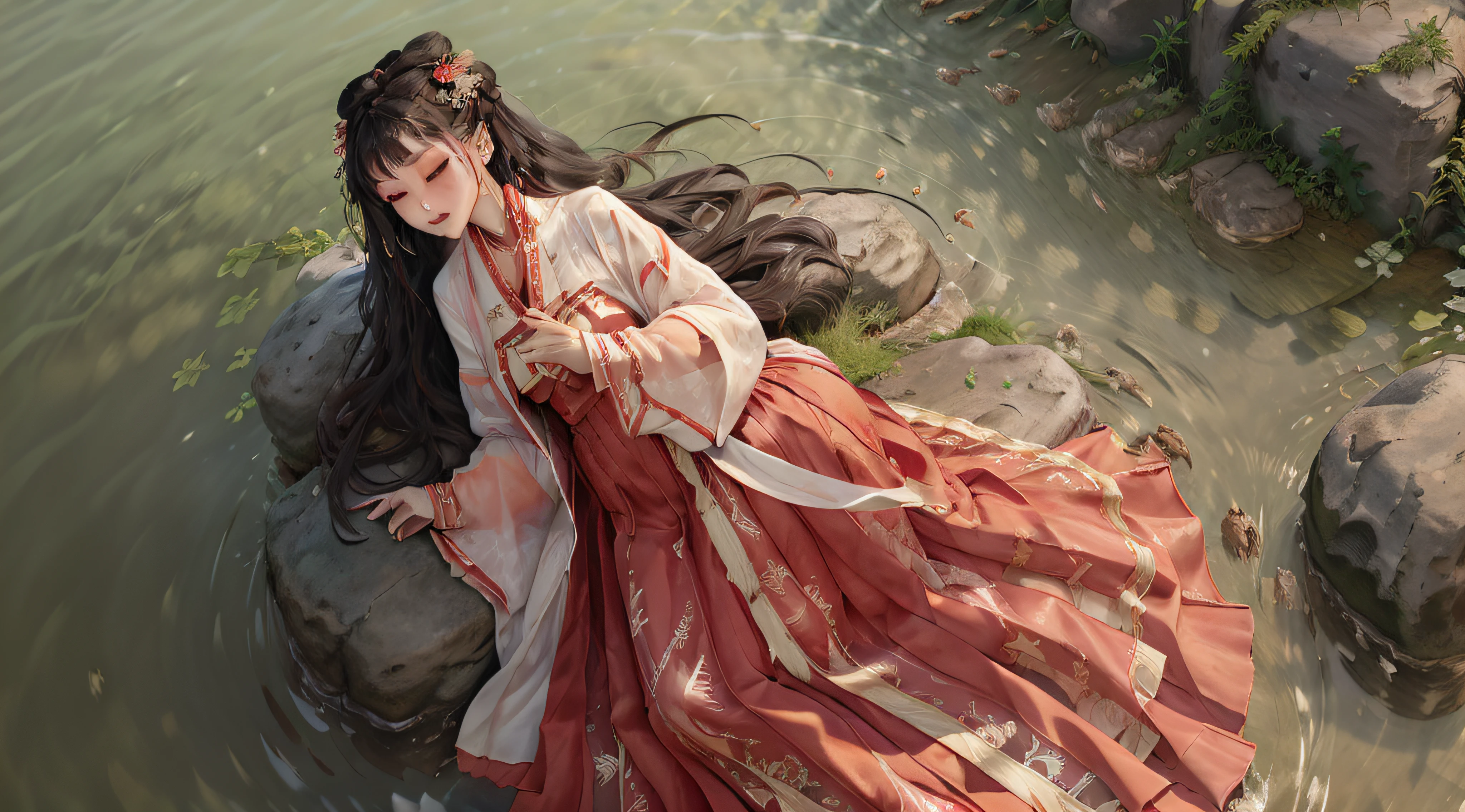 black hair,red hanfu