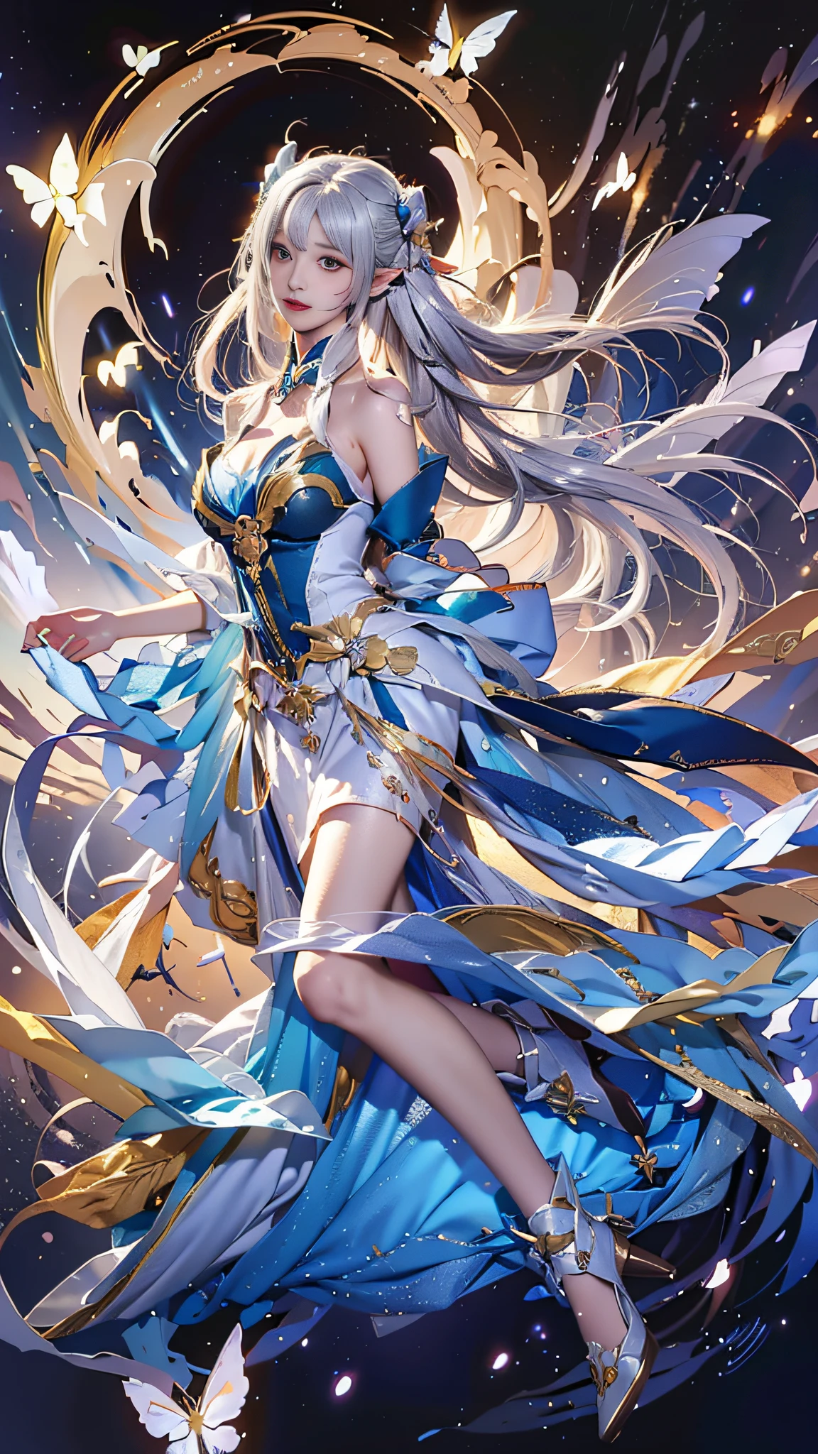 anime girl with white hair and blue dress flying through the air, beautiful celestial mage,Long-eared Elf Queen，Side face，Raise your head slightly，fantastical，by Yang J, 《genshinimpact》in the clear, cushart krenz key art feminine, extremely detailed artgerm, Beautiful young wind spirit, anime goddess, detailed key anime art, white haired deity, Anime fantasy artwork, astral fairy, Beautiful character painting, beautiful anime artwork