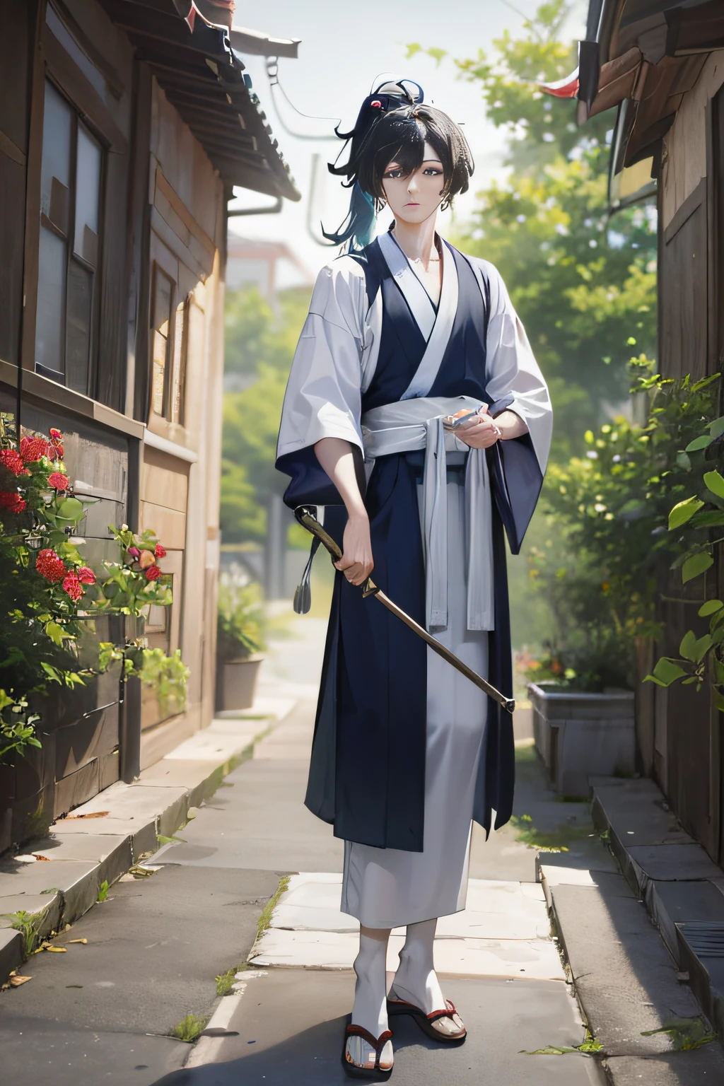 Masterpiece, Superb Style, Two Men, Chinese Style, Ancient Chinese, Black Hair, Gray and Blue Eyes, Split Hair, Long Hair, Long Bangs, High Ponytail, Handsome, Masculine, Gentle, Tall, Quiet, Cyan Robe, Outdoor, Wind Comfort, Young Man, Sad, Posture, (Hanfu, Ming Style), (Ming Architectural Background)