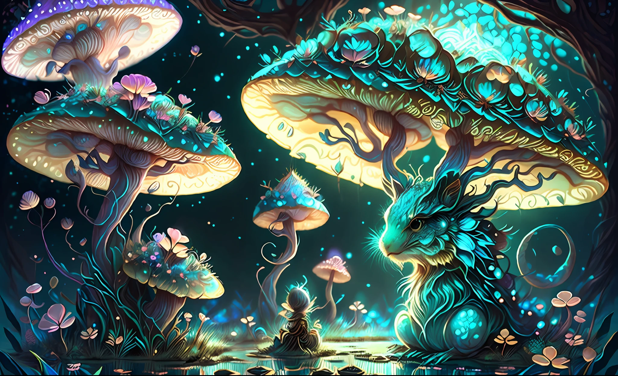 There are two little mushroom gods, who are sitting under a luminous exotic flower, en medio de exuberante naturaleza fresca y agua que cruza el rio, Lindo arte digital detallado, Adorable pintura digital, detailed fantasy digital art, realistic fantasy illustration, whimsical fantasy landscape art, detailed digital 2d fantasy art, Hermosa obra de arte digital, digital 2d fantasy art, Lindo arte digital, colorfull digital fantasy art, detailed fantasy illustration, fantasy art behance