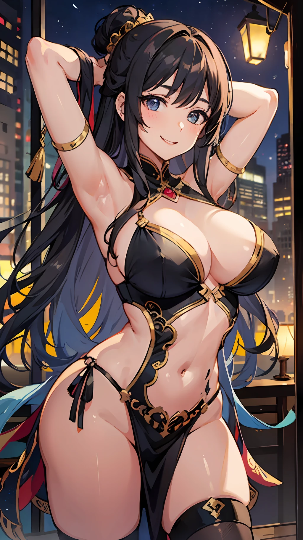 one woman,oriental dancer costume,dancing,boobs,large breasts,short of a person,dark skin,cute face,drooping eyes,thin eyebrows,smiling,excited,long hair,wave hair,indoor,night,pole dance,anime style,masterpiece, extremely fine and beautiful,illustration