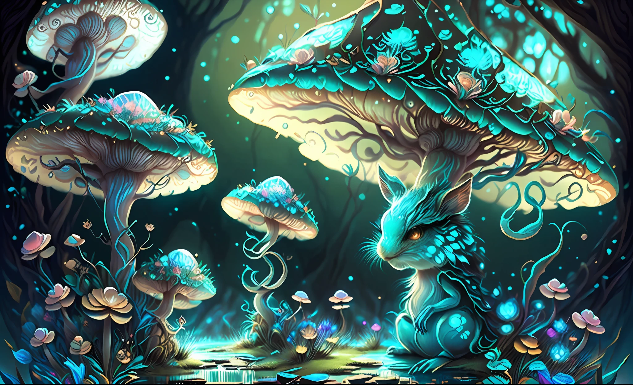 There are two little mushroom gods, who are sitting under a luminous exotic flower, en medio de exuberante naturaleza fresca y agua que cruza el rio, Lindo arte digital detallado, Adorable pintura digital, detailed fantasy digital art, realistic fantasy illustration, whimsical fantasy landscape art, detailed digital 2d fantasy art, Hermosa obra de arte digital, digital 2d fantasy art, Lindo arte digital, colorfull digital fantasy art, detailed fantasy illustration, fantasy art behance
