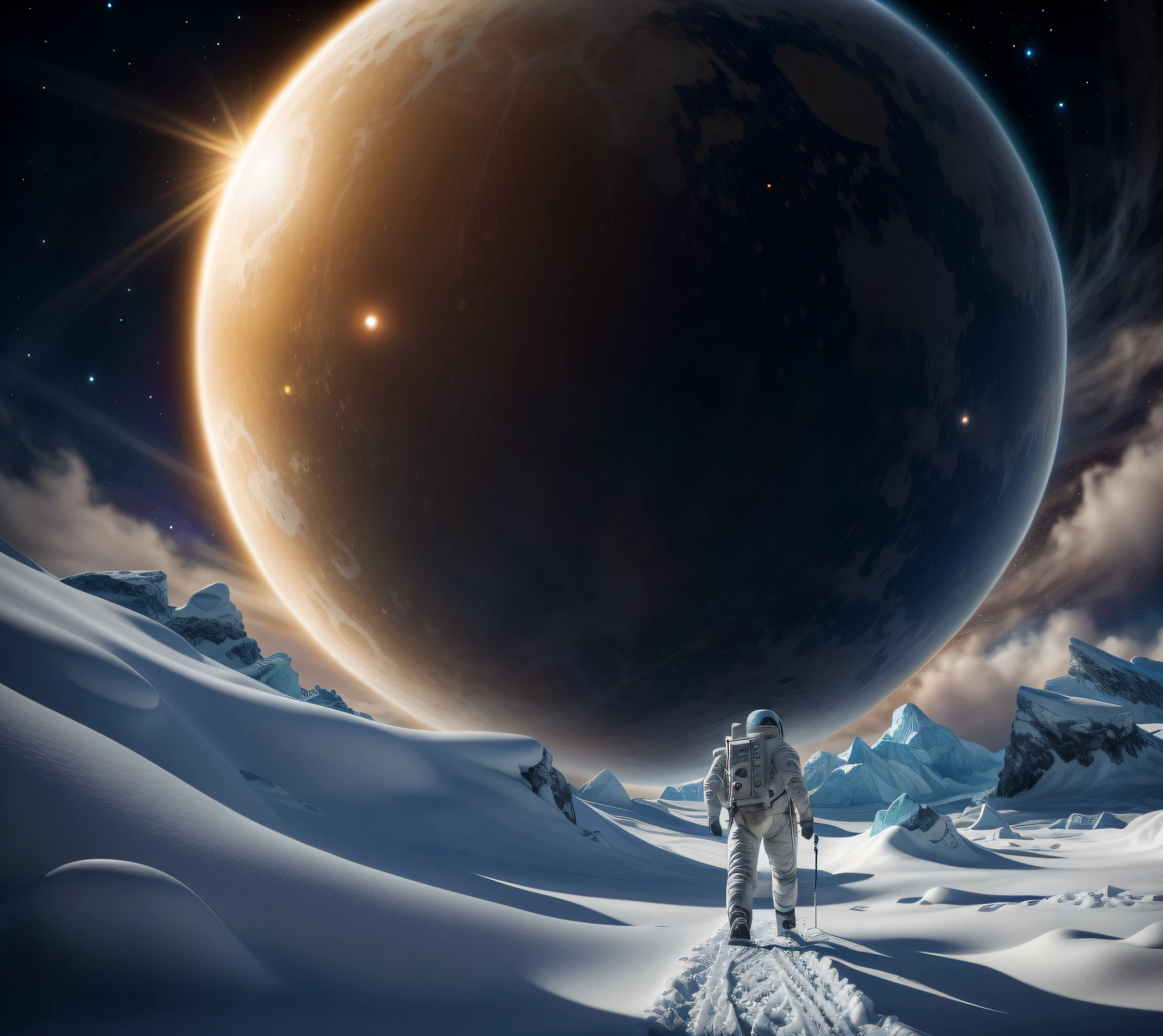 Pack walking on the planet, , walking across ice planet, On the planet, astronaut standing looking, standing in outer space,inspired by Aleksandr Gerasimov, an astronaut lost in the ocean,high - resolution,hyper detailed,Realistic texture,Bold textures,Crazy textures,