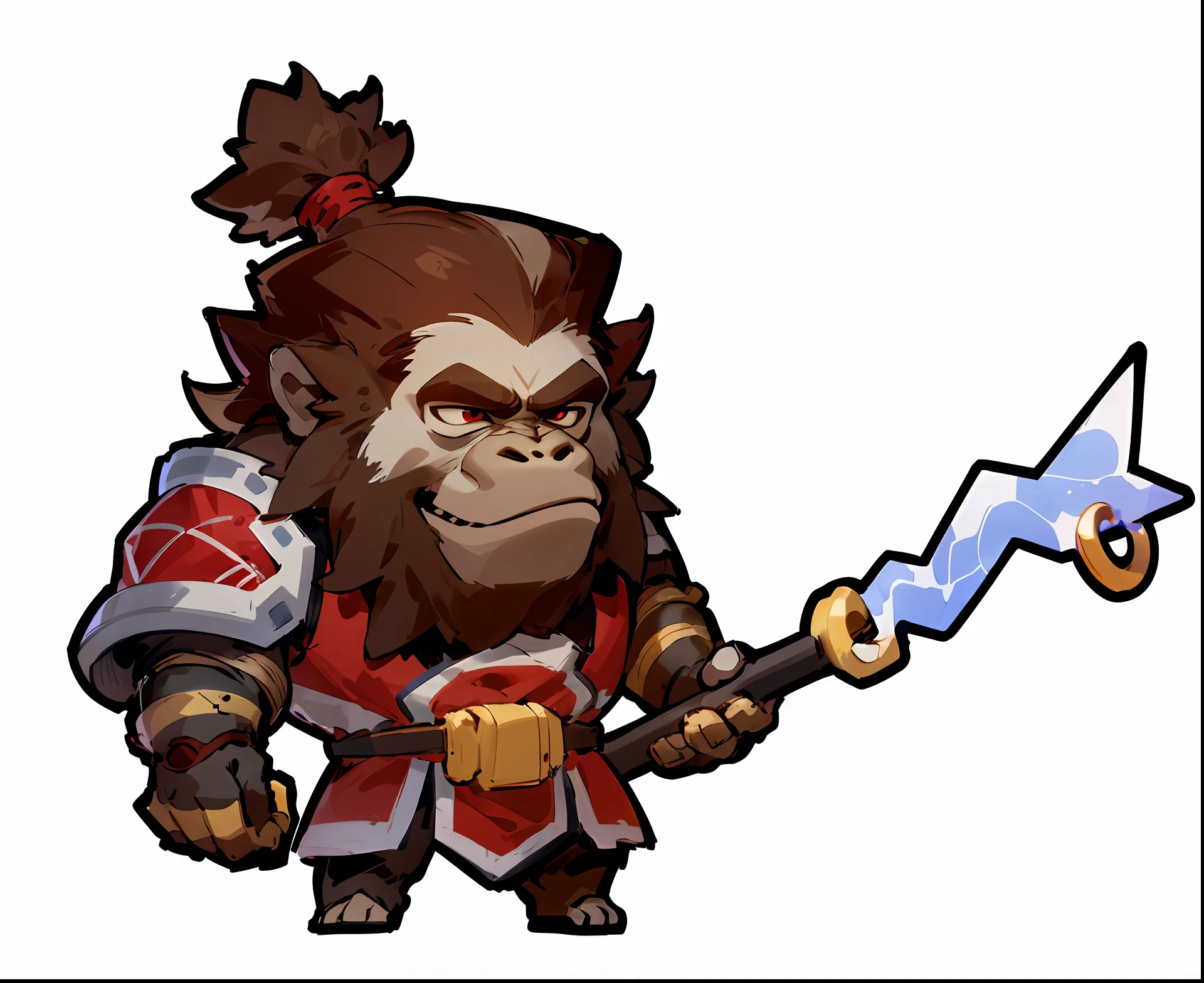 Q version cartoon 2 head-to-body ratio,Anthropomorphic gorilla male,Animal image design,Gorilla image bearded wearing red style ancient armor,Cute expression with big eyes,arma,Very handsome and tall,Q version cartoon monster standing drawing,Stand obliquely,the side view,standing sideways,Full body like,Cool styling
