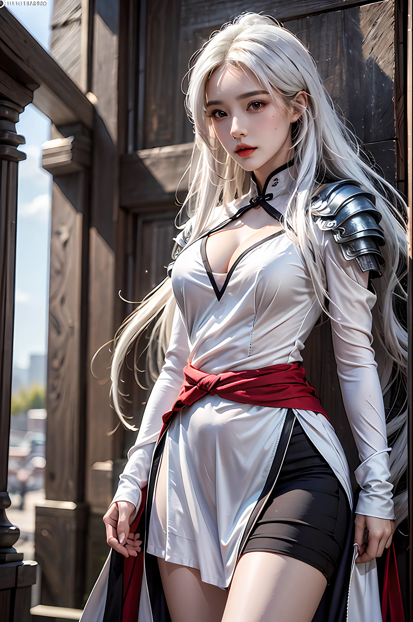 best quality, masterpiece, ultra-detailed, detailed light, (RAW photo:1.2), (photorealistic:1.4),(masterpiece:1.3),(best quality:1.4) 1girl, detailed face, solo, waist up, long hair, white hair, sky, dress, armor, cloud, chinese armor