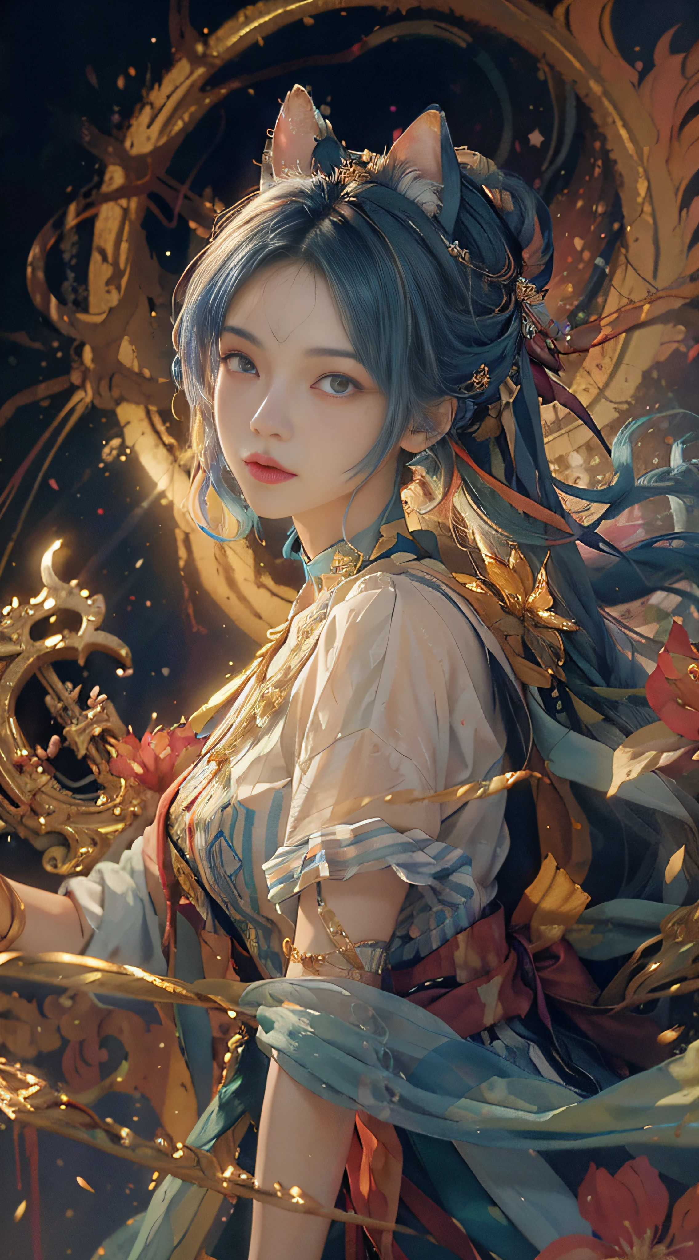 ((((masterpiece))), ((best quality))), ((super detailed)), (illustration), (dynamic angle), ((floating)), (paint), ((loose hair)), (solo), (1girl), (detailed anima face))), ((beautiful detailed face)), ((colored hair)), ((striped hair)), (gradient eyes), (((colored eyes))), (white cloud background))), (((High saturation)))), ((Surrounded by colored paint)))) Ultra-detailed, beautiful and aesthetic, masterpiece, best quality, most beautiful forms chaotic, elegant, Fauvist design, bright colors, romanticism, Mikhal Mraz, Adrian Gheny, Petra Cortwright, atmospheric, ecstatic notes, flow notes visible, nine-tailed fox, cat ears, flowers of death, flowers of ecstasy, flowers on the head