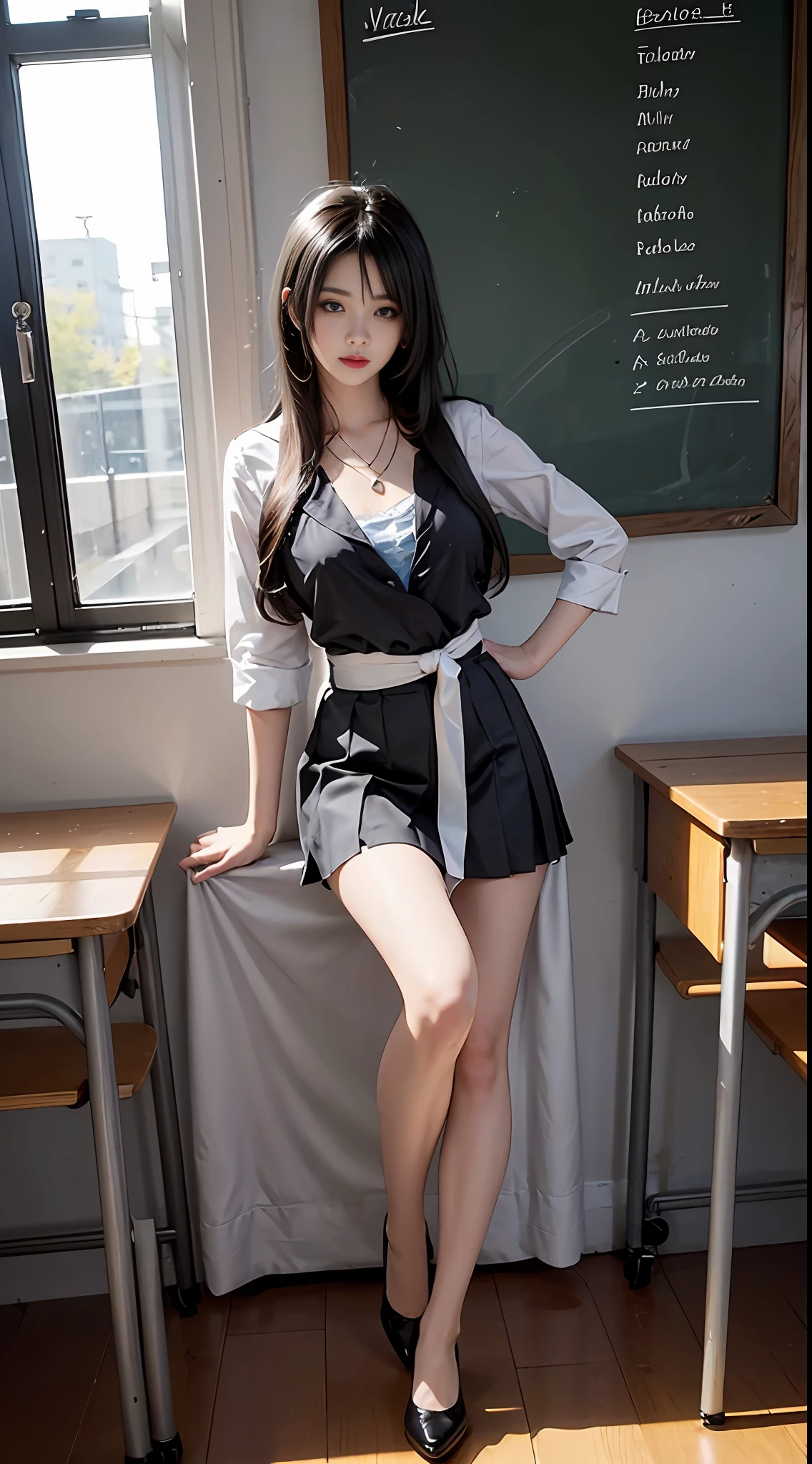 Ultra HDR,ultra-details,full - body,Lifelike, 8K high resolution,1ガール, Flowing black hair, Dark eyes, school-uniform, short miko skirt,largebreasts, thin waists,large legs,Wear a pendant,at classroom,Very detailed face and skin,Detailed eyes,Double eyelid,Duet