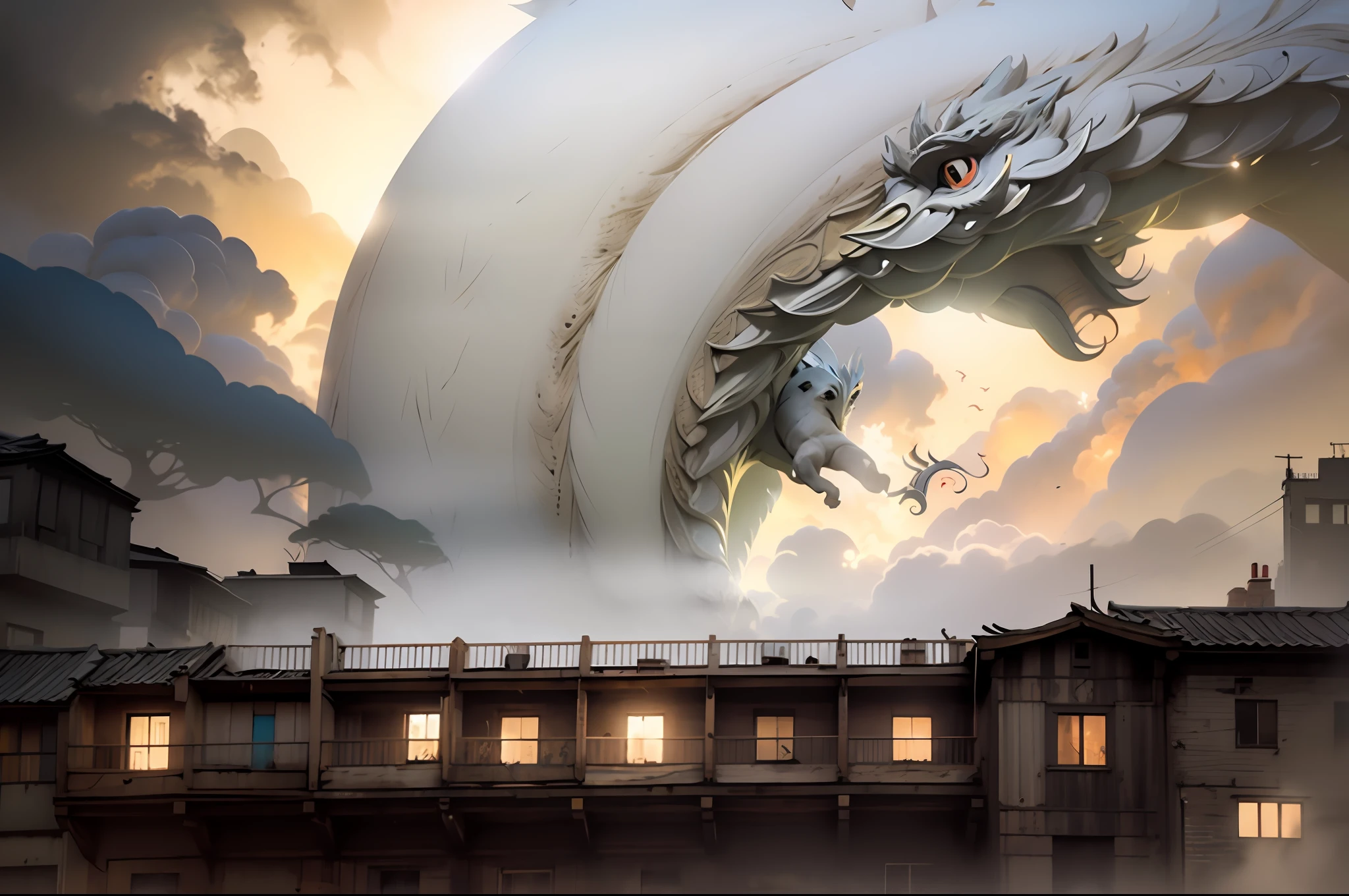 Describes a dragon composed of black clouds,A view surrounding an apartment building,Chinese-punk、Climate clouds、#vfxfriday、American Barbizon School、Narayan Shridhar Bendre、Elements of heat waves and industrial terror。The painting or scene may present an atmosphere of darkness and mystery,A fusion of different art styles and themes,Express the imagination of the urban industrial landscape