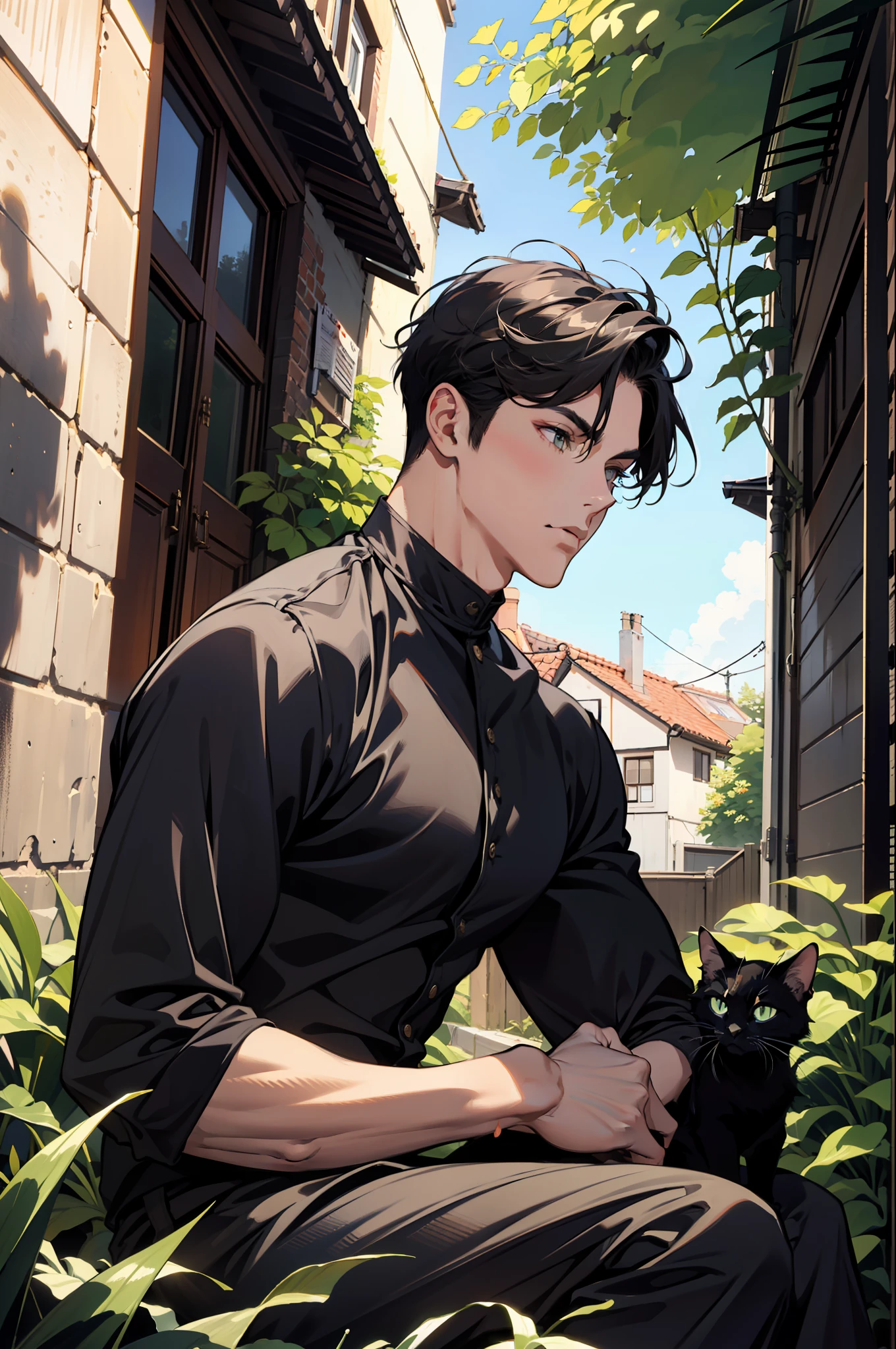 (absurdres, highres, ultra detailed), 1 male, handsome, tall muscular guy, very short hair, best ratio four finger and one thumb, best light and shadow, background is back alley, detasiled sunlight, sitting, Little cats are gathered next to him, dappled sunlight, day, depth of field, plants, summer, (dutch angle), closed mouth
