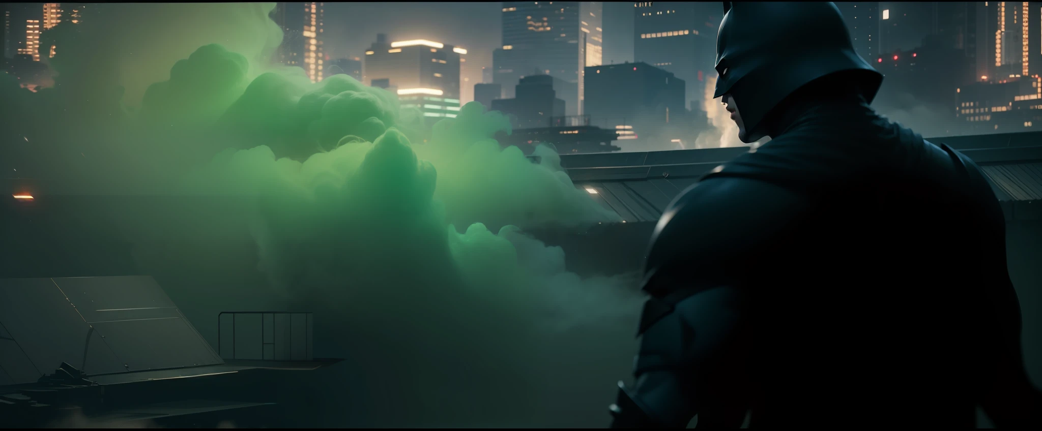 Best quality .Masterpiece, 1000k ultra Hd. Mysterious background. Dark background. Dark glowing background. There is Batman of The Dark Knight movie fighting with superman Henry kevill. There is green smoke of Kryptonite all around. Remove the background and replace it with space planets space shuttle.