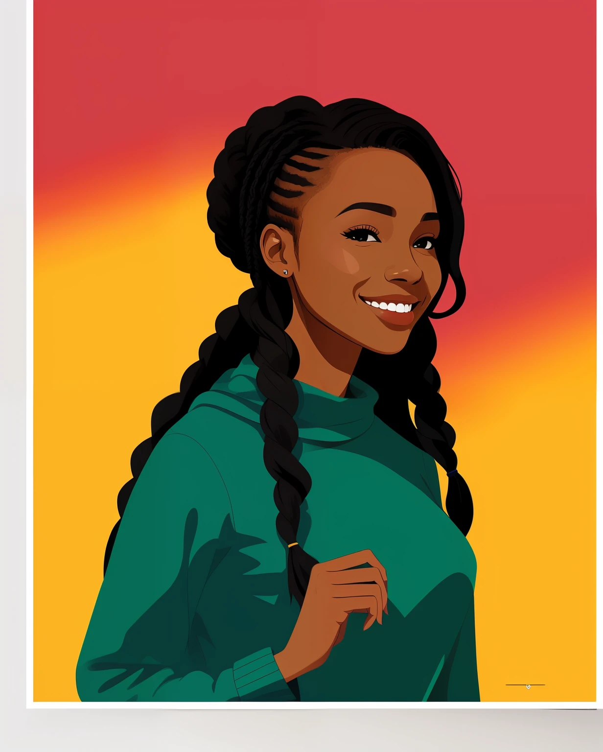 Beautiful black African girl, elegantly dressed, smiling, poster art, poster, minimalistic illustration, artistic style, ((Lorenzo Sperlonga)), Valentine's Day, minimalistic style, colorful, braided hair
