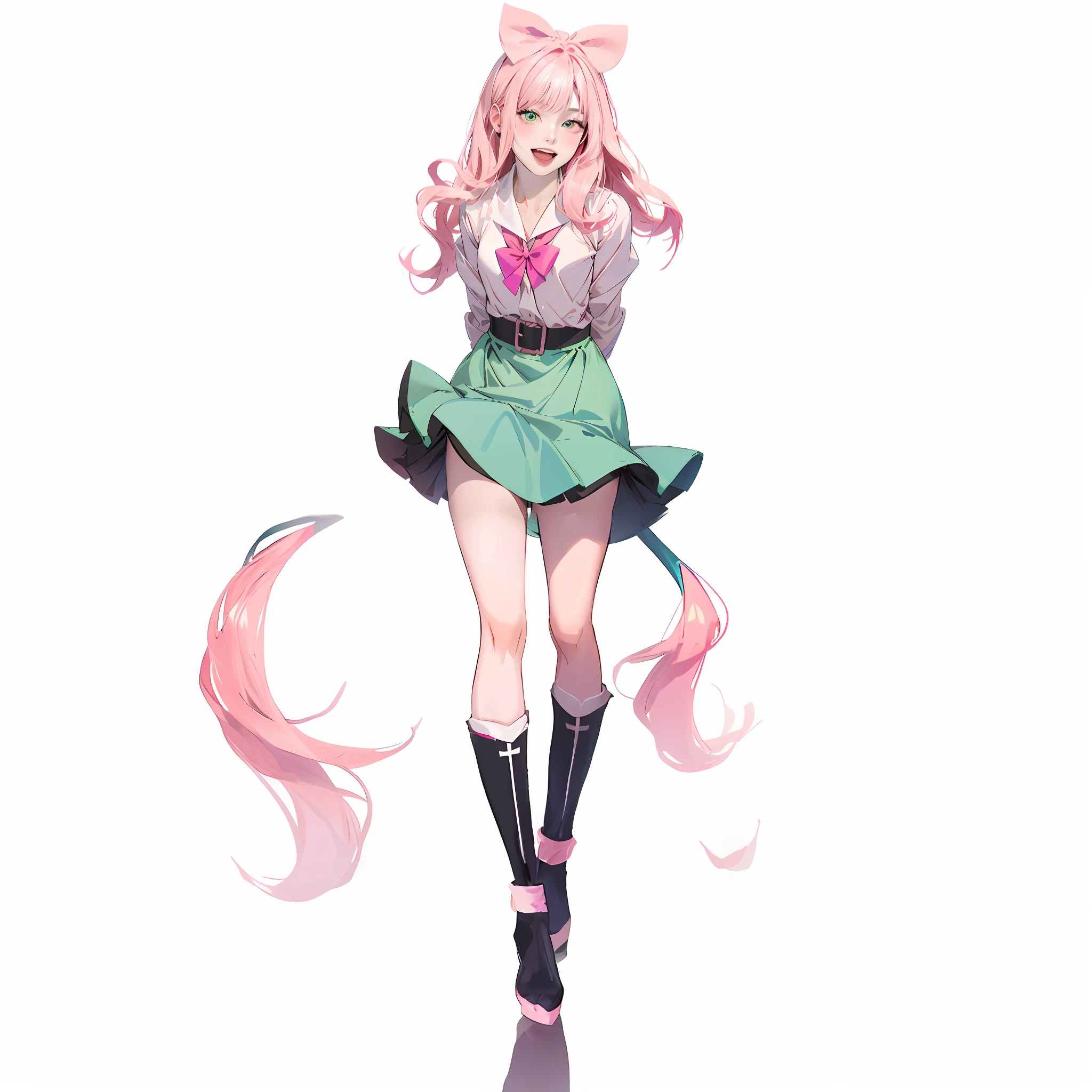 anime girl with pink hair and green skirt posing for a picture, anime character, official character art, anime moe artstyle, high quality anime artstyle, an anime girl, pink twintail hair and green eyes, cute, (anime girl), loli, full body, beautiful legs, princess