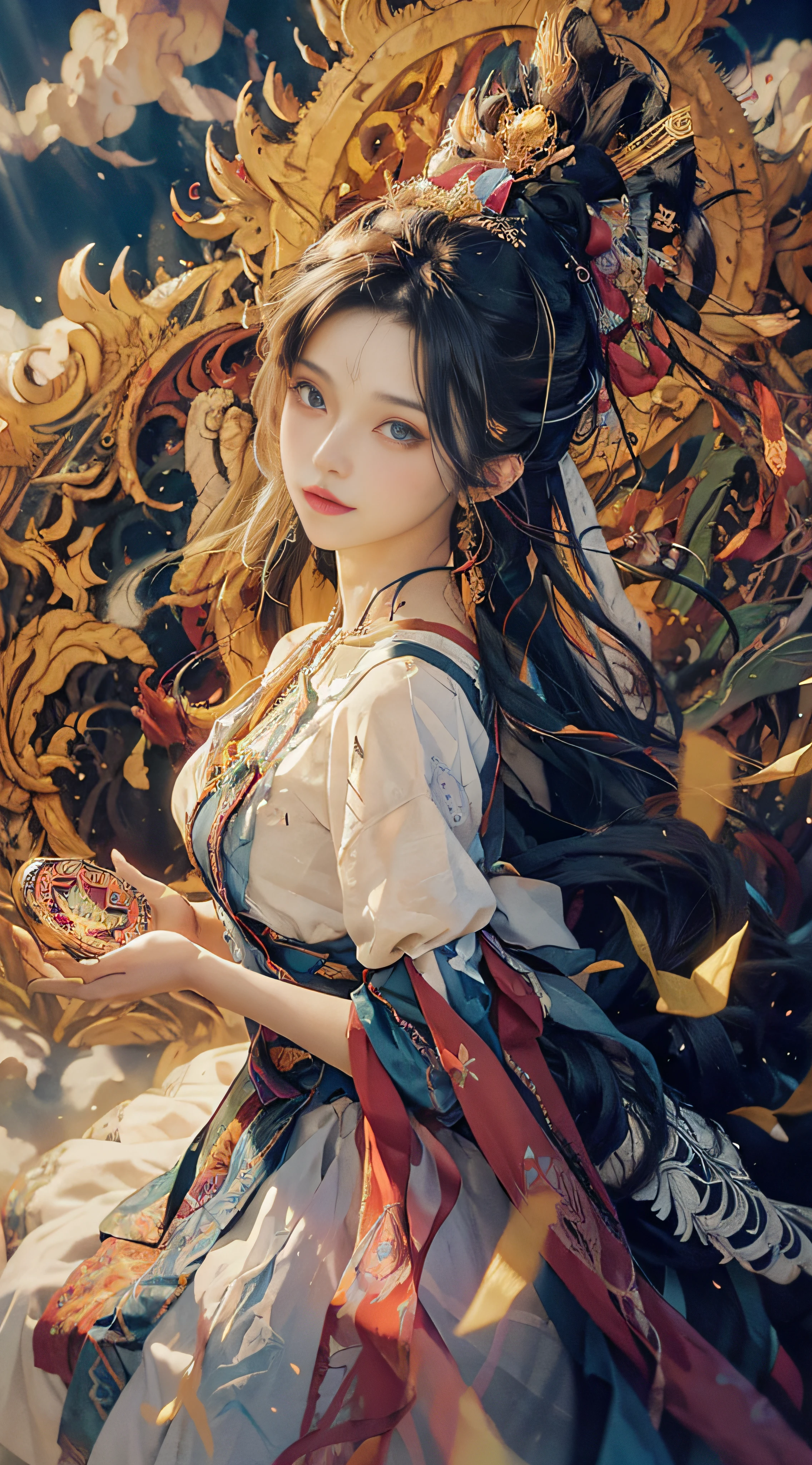 (((White Cloud Background))), (((High Saturation))), ((Surrounded by Color Splashes)))) Ultra Detailed, Beautiful and Aesthetic, Masterpiece, Best Quality, (Zentangle, Mandala, Tangled, Entangle), (Fractal Art: 1.3), 1girl, Very Detailed, Dynamic Angle, Cowboyshot, Most Beautiful Forms Chaotic, Elegant, Fauvist Design, Bright Colors, Romanticism, Michal Mraz, Adrian Ghenny, Petra Courtwright, atmospheric, ecstatic notes, flow notes visible
