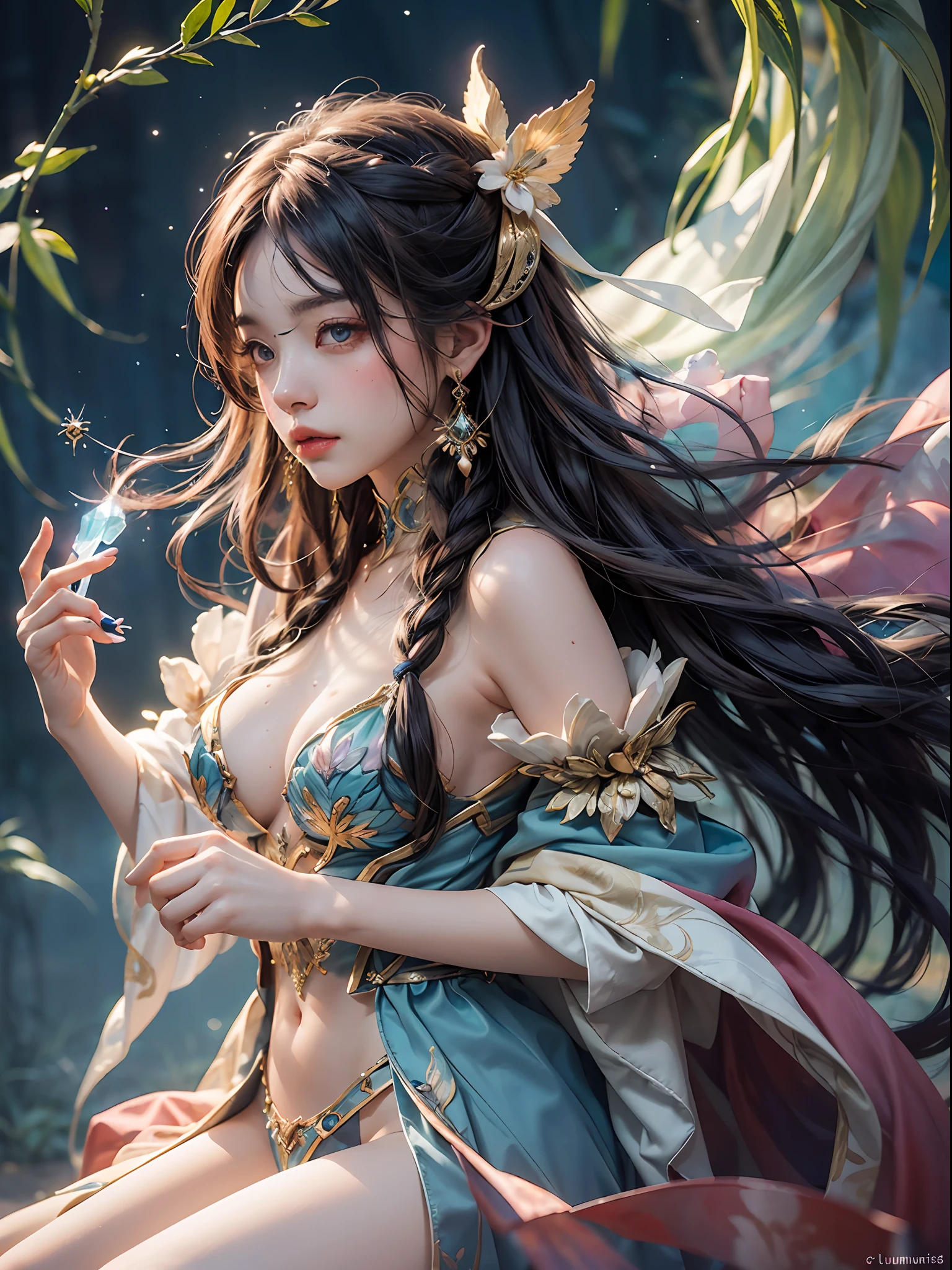 A captivating anime girl gracefully emerges from the pages of a watercolor painting, her vibrant and intricate colors breathing life into the artwork. She dons an extraordinary fantasy costume adorned with delicate details, reflecting the enchanting world she inhabits. Luminescent elements, like glowing crystals and ethereal wisps, surround her, casting a soft, otherworldly glow. The watercolor style imbues the image with a sense of fluidity and delicacy, as if the colors are effortlessly blending and bleeding into one another. Camera shot: medium shot, Camera lens: soft focus, Lighting: luminescent glow, watercolor brushstrokes,