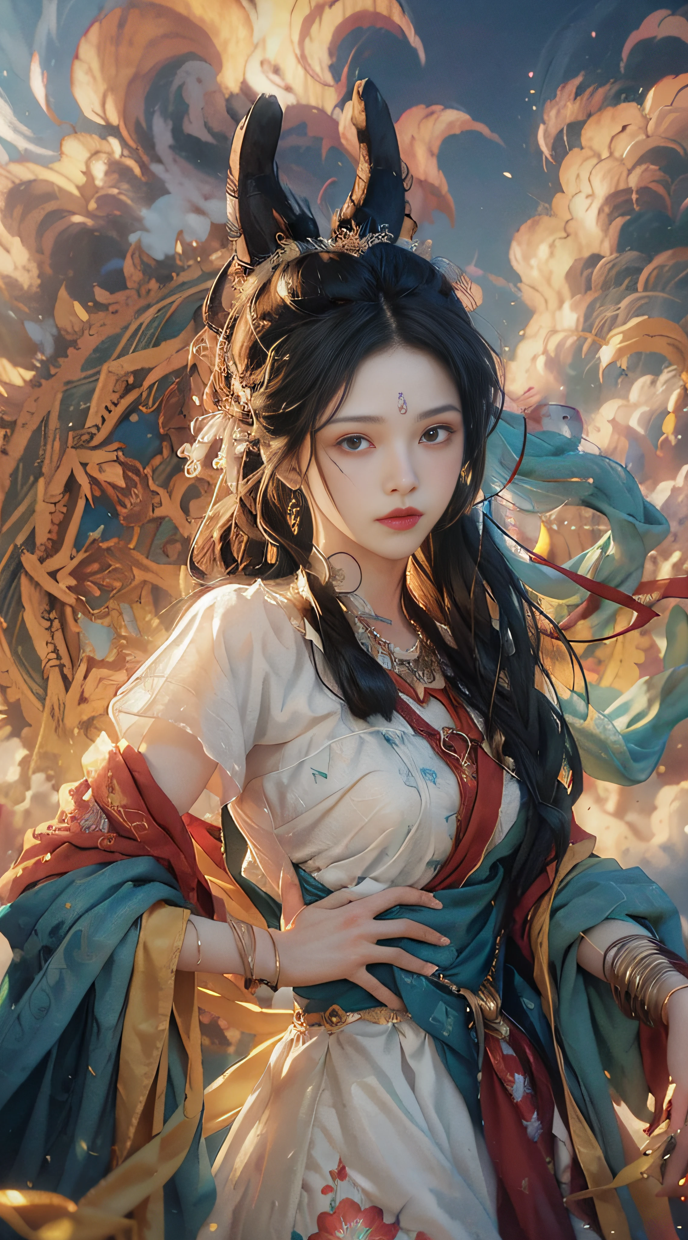 (((White Cloud Background))), (((High Saturation))), ((Surrounded by Color Splashes)))) Ultra Detailed, Beautiful and Aesthetic, Masterpiece, Best Quality, (Zentangle, Mandala, Tangled, Entangle), (Fractal Art: 1.3), 1girl, Very Detailed, Dynamic Angle, Cowboyshot, Most Beautiful Forms Chaotic, Elegant, Fauvist Design, Bright Colors, Romanticism, Michal Mraz, Adrian Ghenny, Petra Courtwright, atmospheric, ecstatic notes, flow notes visible