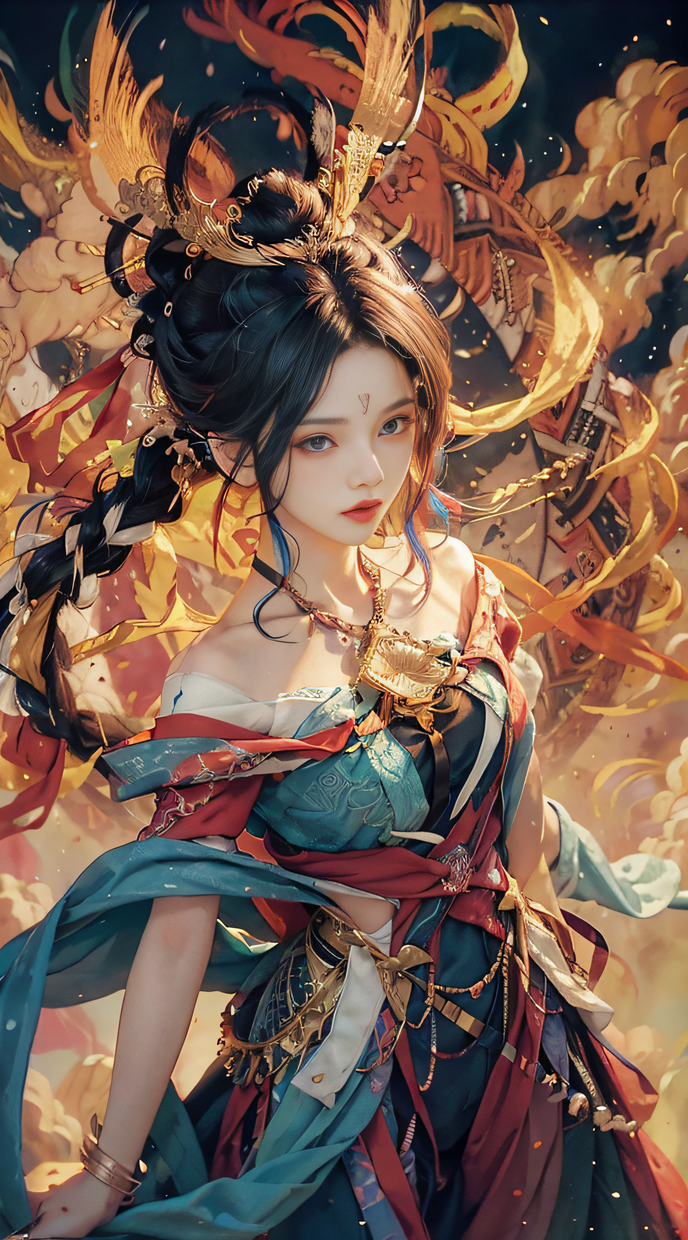 (((White Cloud Background))), (((High Saturation))), ((Surrounded by Color Splashes)))) Ultra Detailed, Beautiful and Aesthetic, Masterpiece, Best Quality, (Zentangle, Mandala, Tangled, Entangle), (Fractal Art: 1.3), 1girl, Very Detailed, Dynamic Angle, Cowboyshot, Most Beautiful Forms Chaotic, Elegant, Fauvist Design, Bright Colors, Romanticism, Michal Mraz, Adrian Ghenny, Petra Courtwright, atmospheric, ecstatic notes, flow notes visible