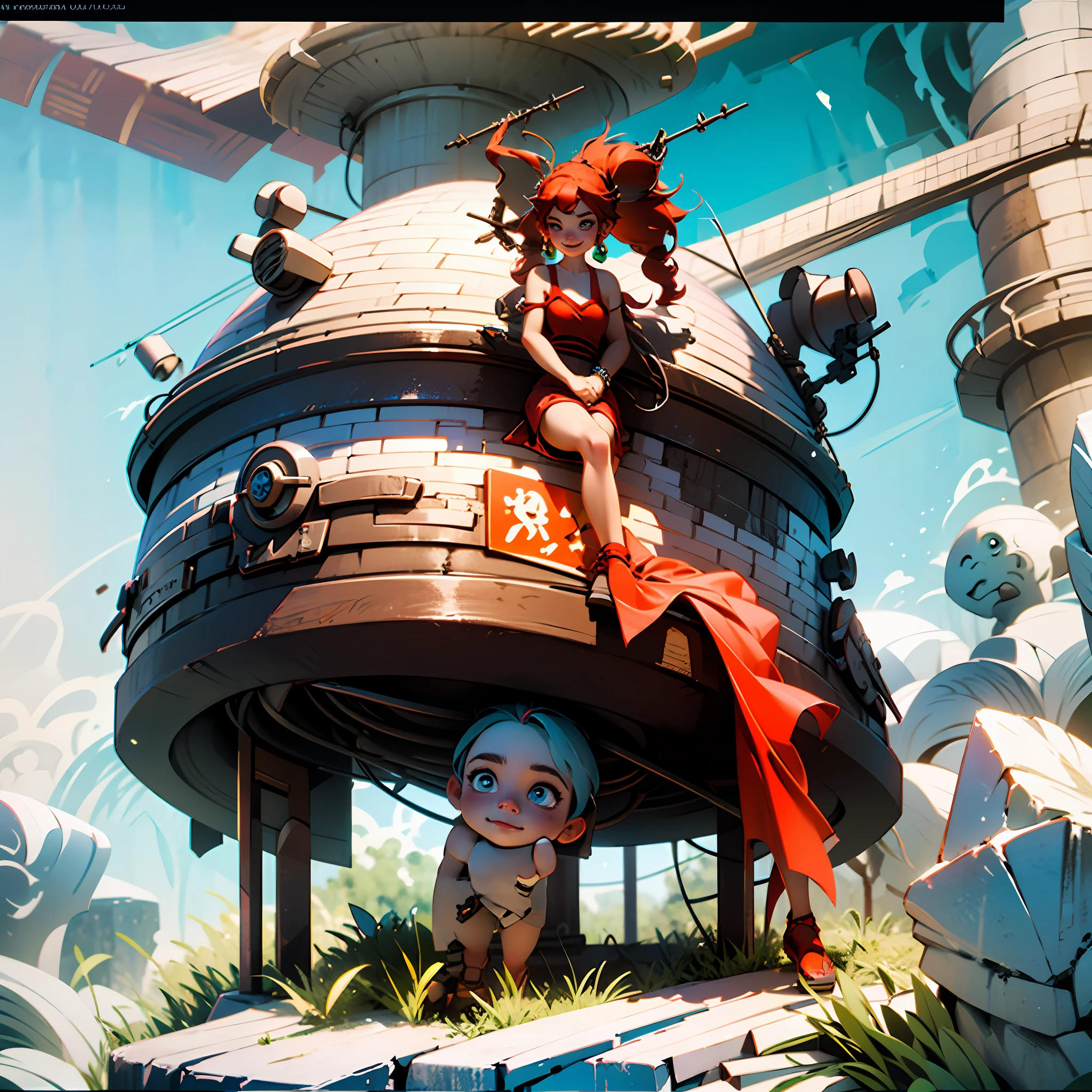 The Masterpiece, best qualiy, Lots of details, (full - body:1.2), Chibi, Fire Girl, red hairs, String Camisole Dress, arrogant, Grinning, render 3d, Q Print Style --auto